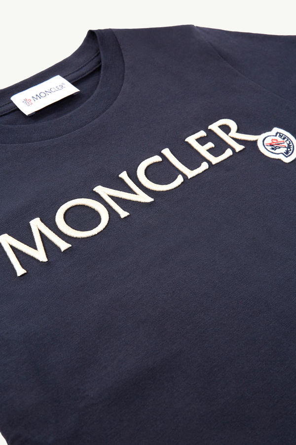 Embroidered Logo Cotton T-Shirt Girl Night Blue Moncler 3