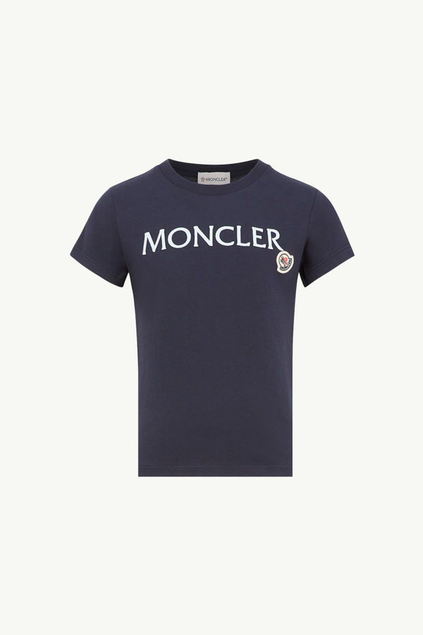 Embroidered Logo Cotton T-Shirt Girl Night Blue Moncler 0