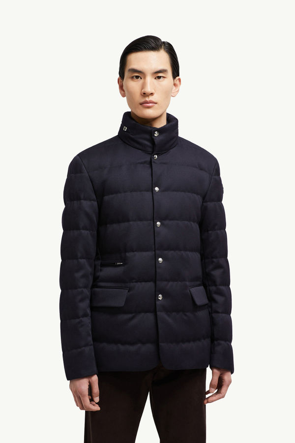 Bess Hooded Wool Short Down Jacket Men Navy Blue Moncler 3
