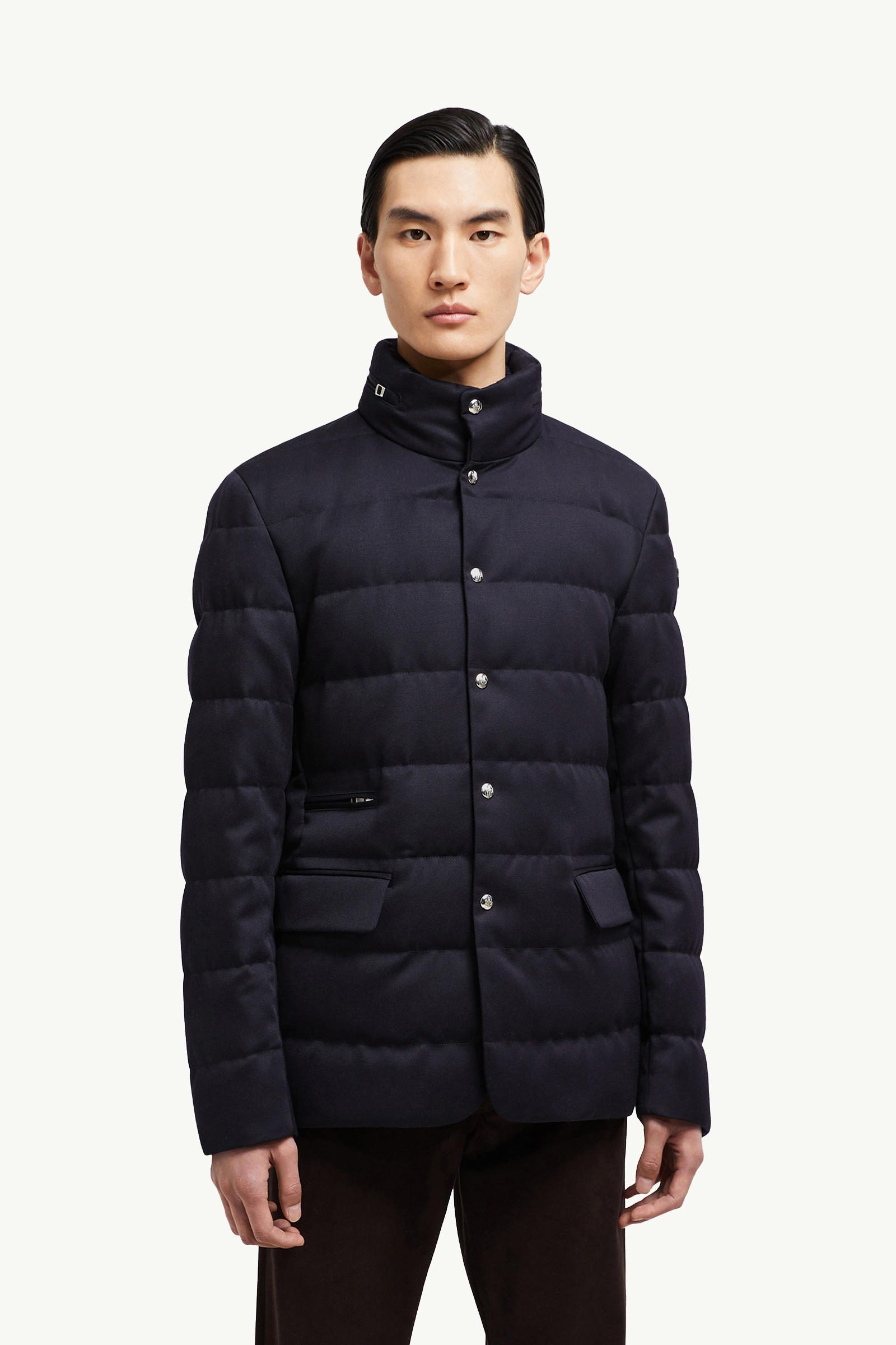 Bess Hooded Wool Short Down Jacket Men Navy Blue Moncler 3