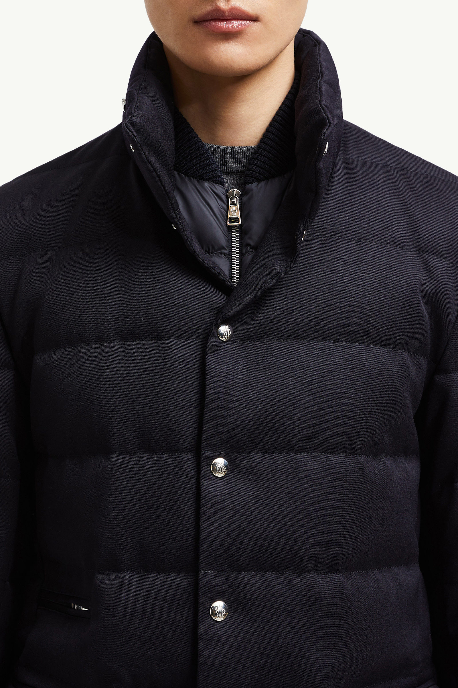 Bess Hooded Wool Short Down Jacket Men Navy Blue Moncler 7