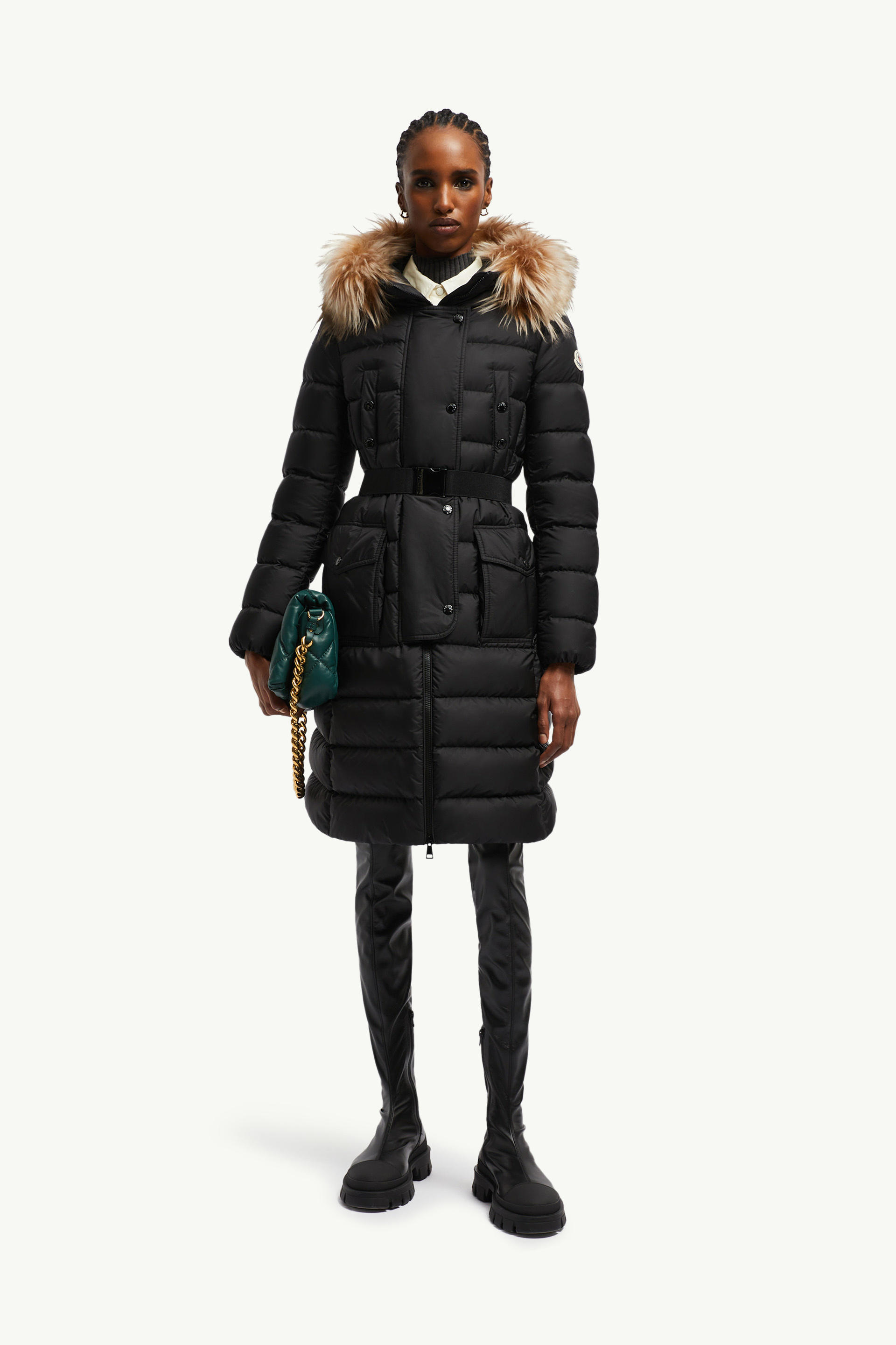 Khloe Hooded Shearling Long Down Jacket Women Black & Beige Moncler 0
