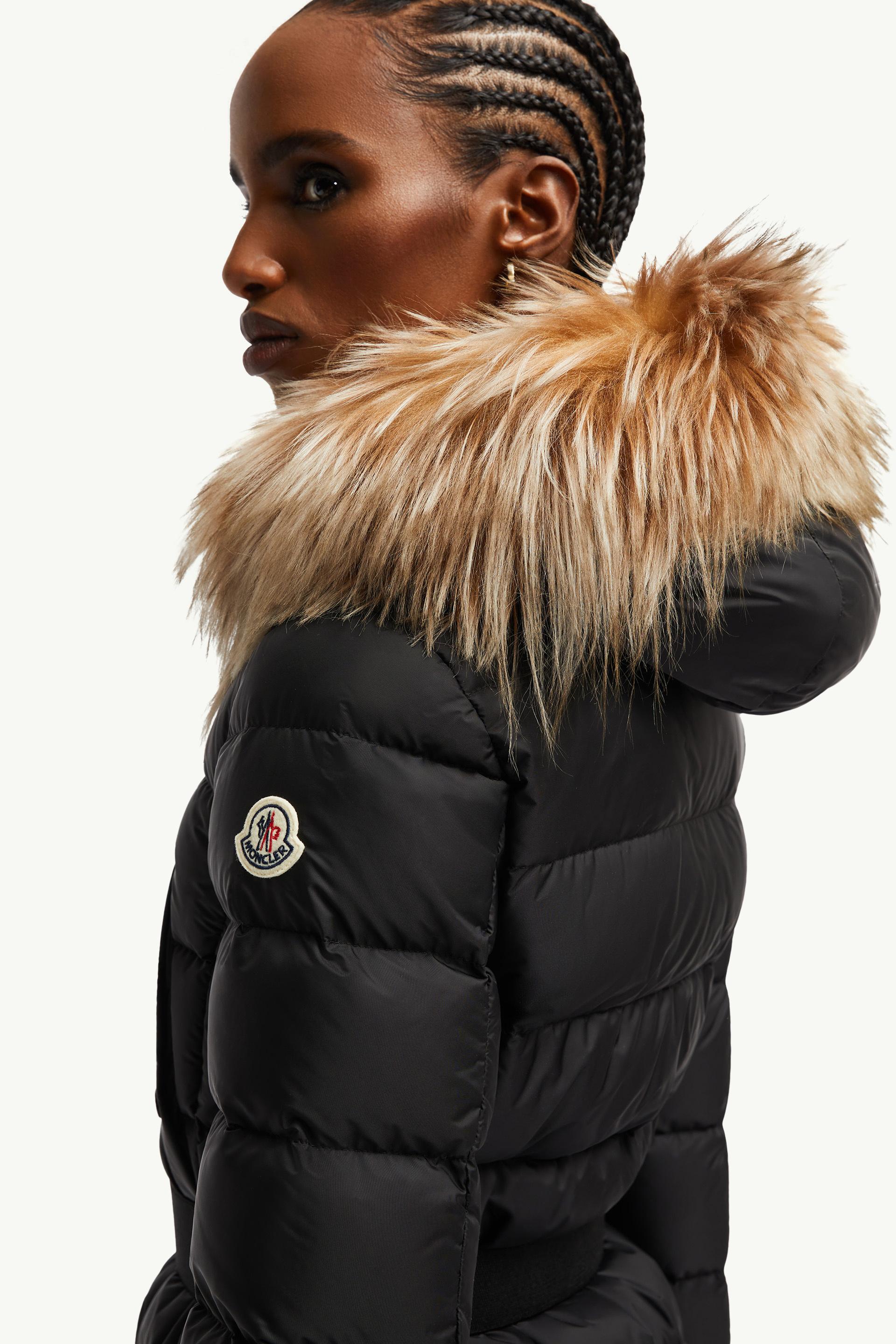 Khloe Hooded Shearling Long Down Jacket Women Black & Beige Moncler 1