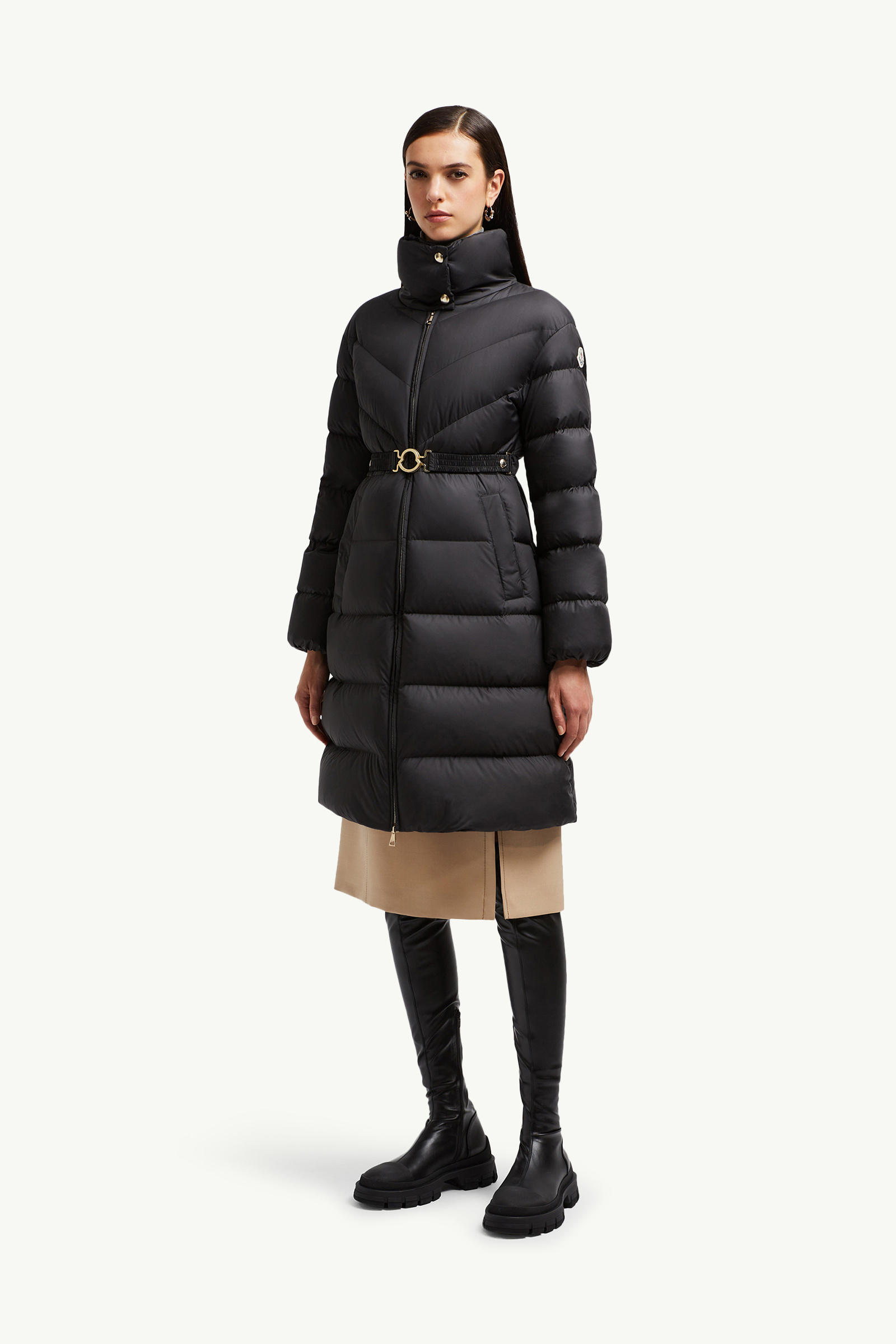 Brou Diagonal-Quilted Long Down Jacket Women Black Moncler 0