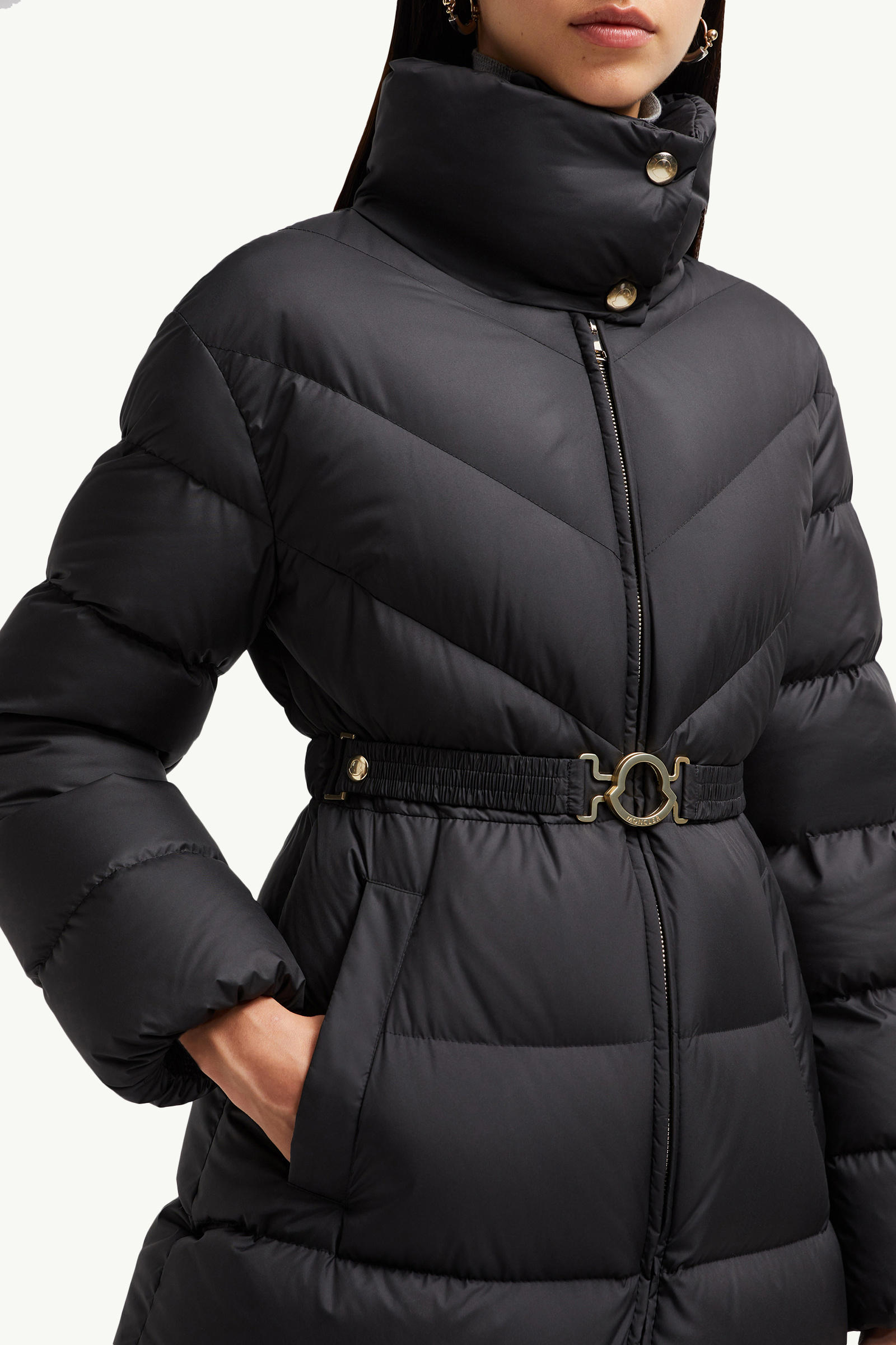 Brou Diagonal-Quilted Long Down Jacket Women Black Moncler 5