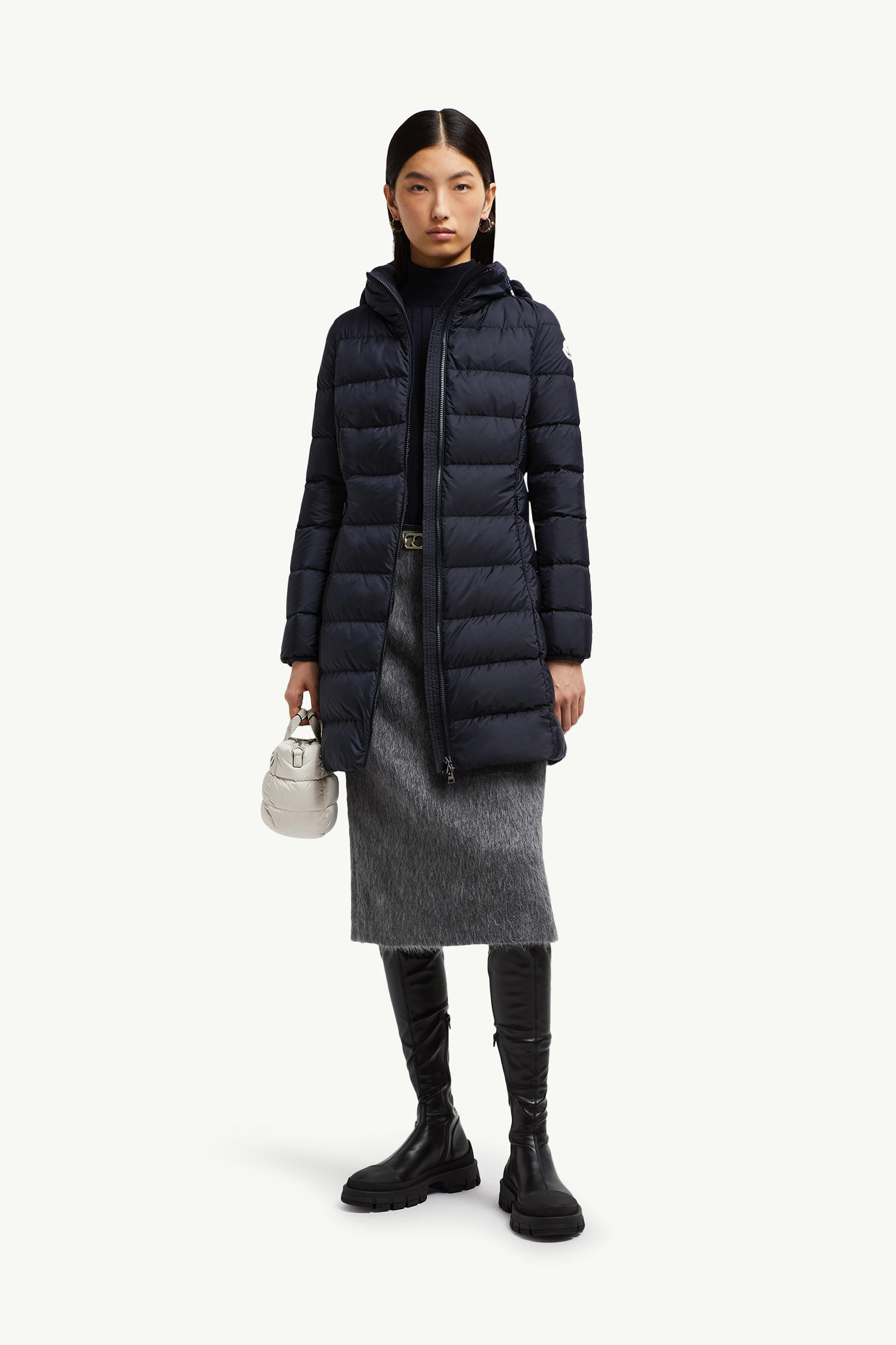 Gie Hooded Long Down Jacket Women Night Blue Moncler 0
