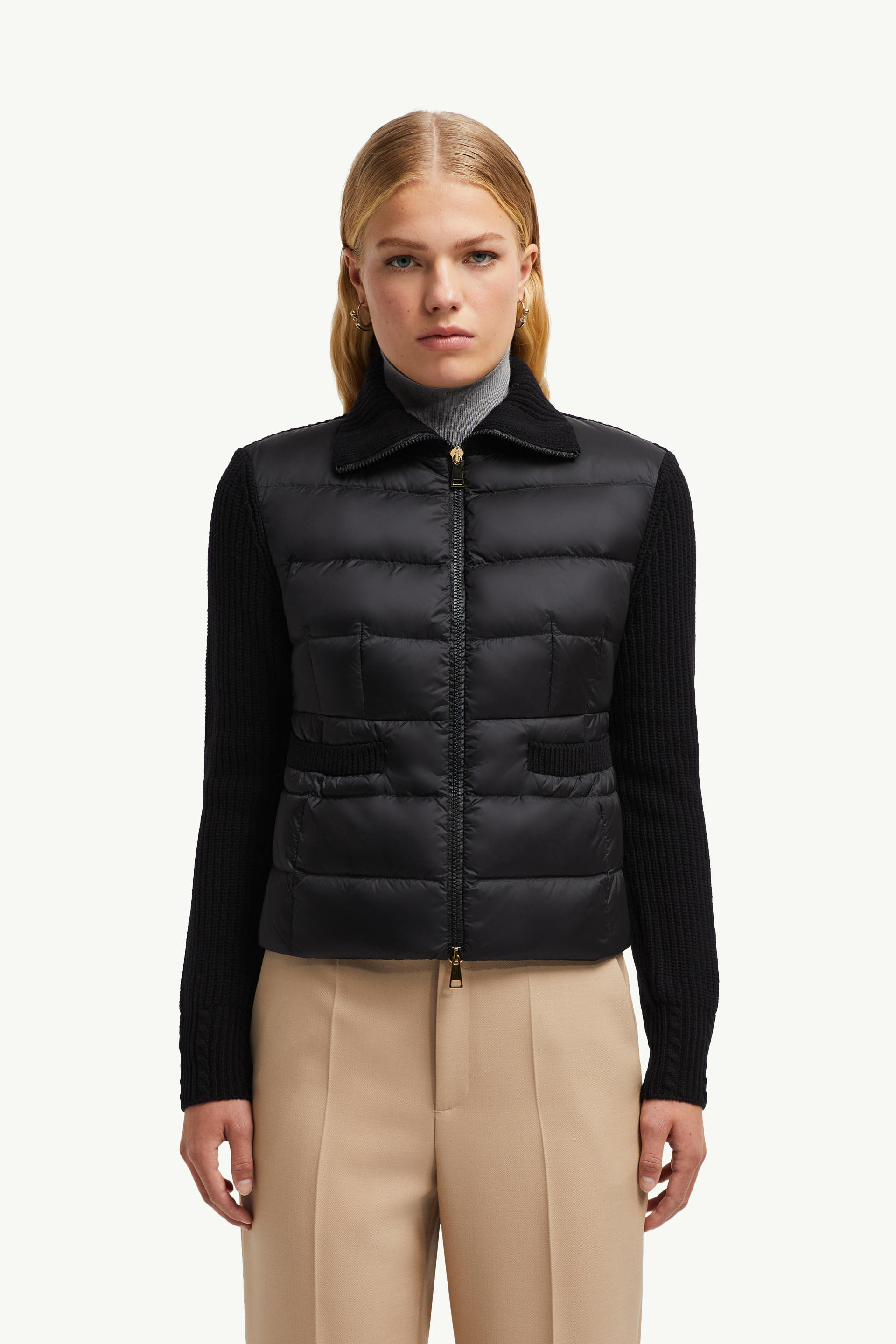 Gepolsterte Strickjacke aus Wolle mit Reißverschluss Damen Schwarz Moncler 3