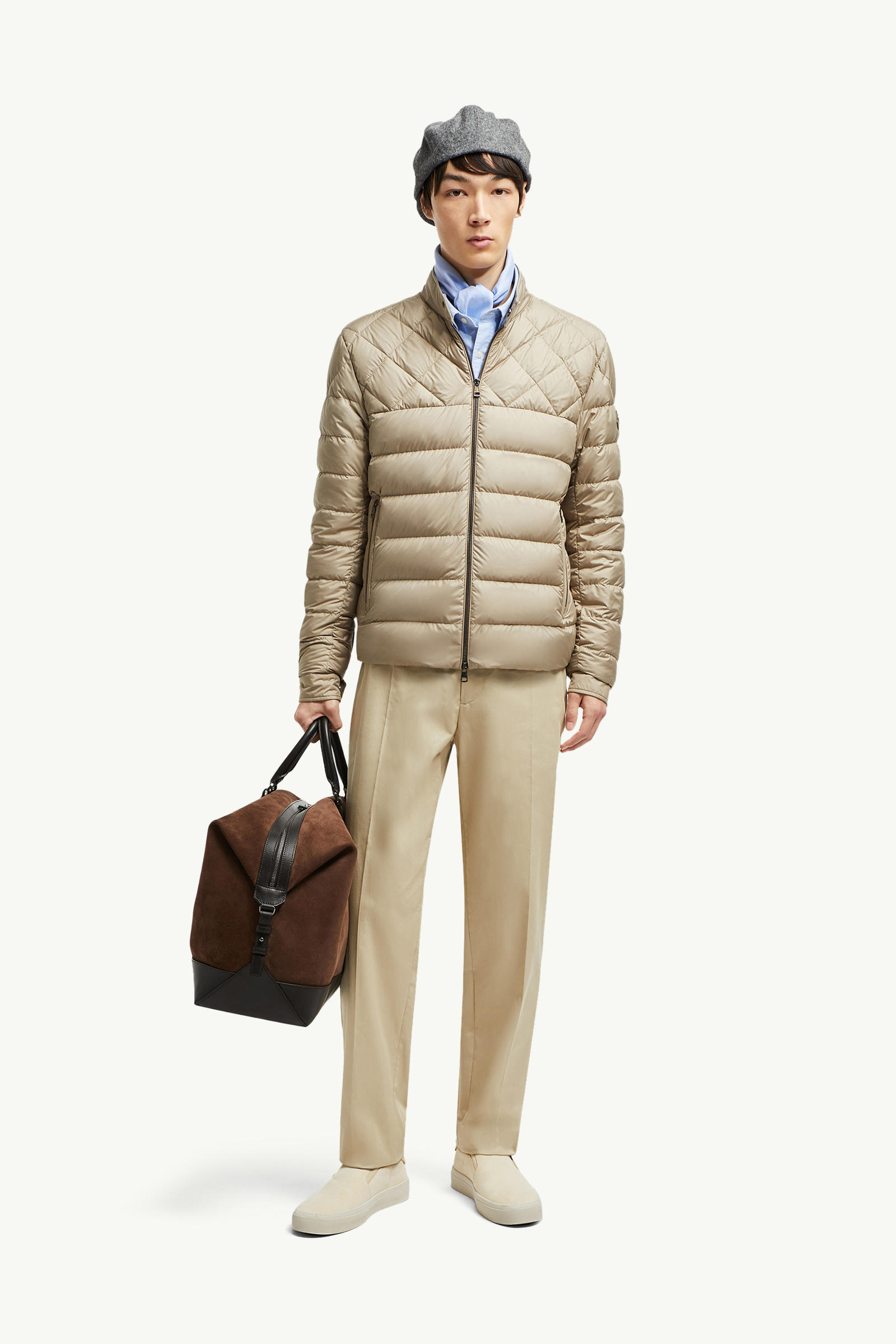 Tuile Leather-Trimmed Down Biker Jacket Men Beige Moncler 0
