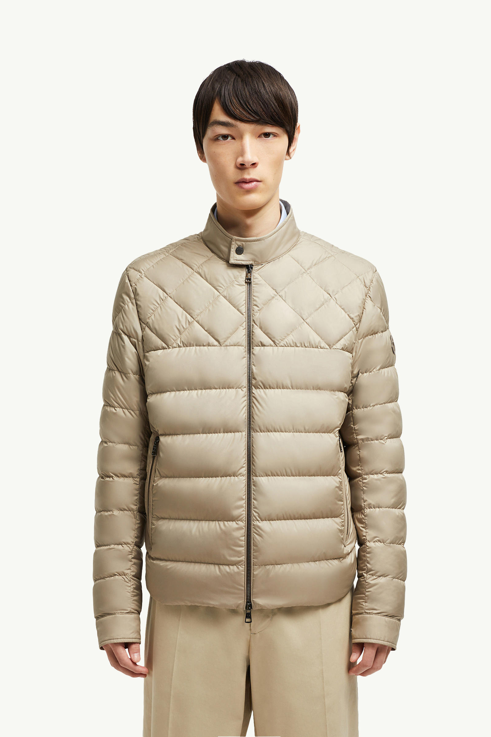 Tuile Leather-Trimmed Down Biker Jacket Men Beige Moncler 3