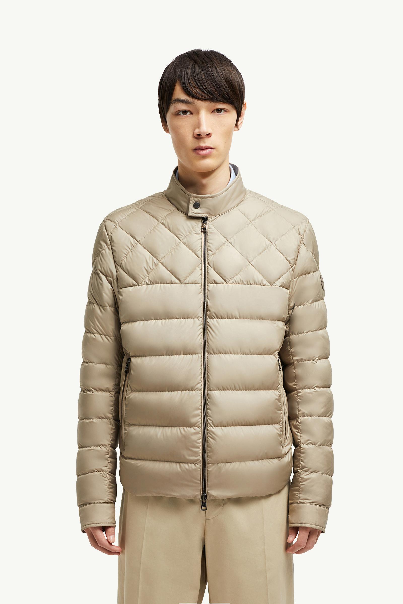 米色Tuile男士皮革饰边羽绒机车夹克外套- 短款羽绒服for 男装| Moncler HK
