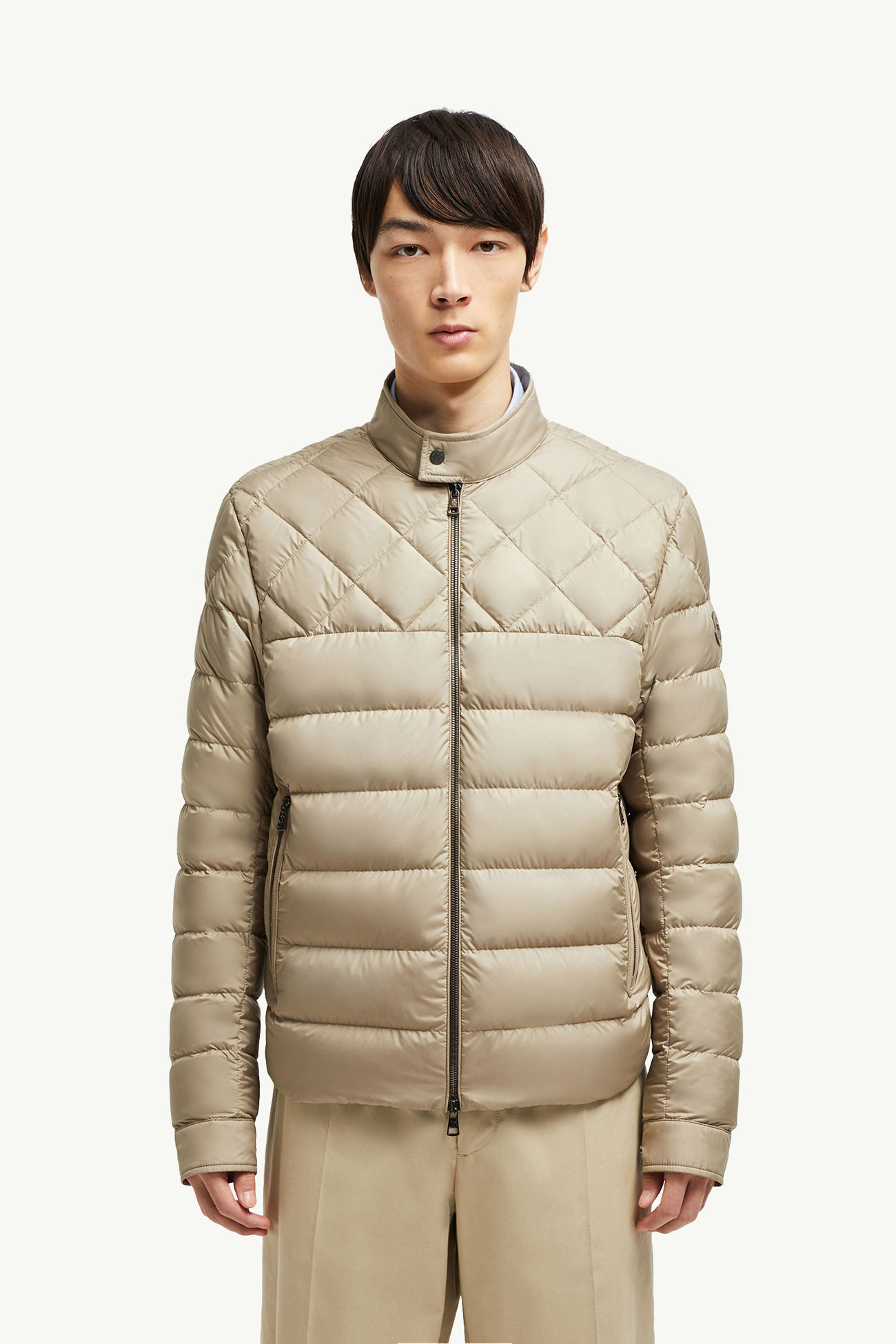 Tuile皮革飾邊羽絨電單車外套 男士 米色 Moncler 3