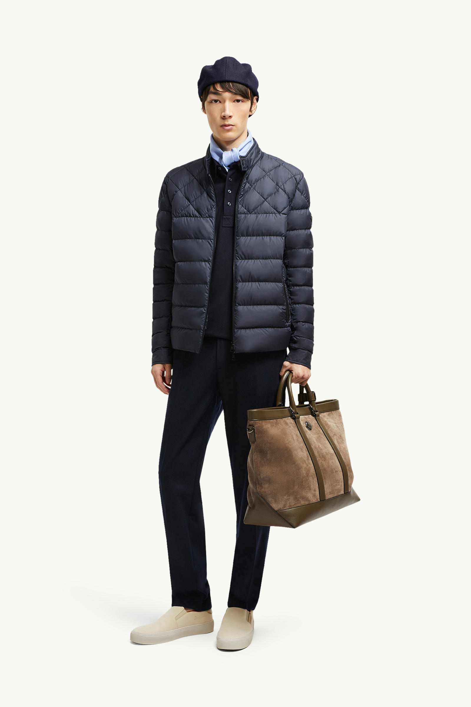 Tuile Leather-Trimmed Down Biker Jacket Men Dark Blue Moncler 0