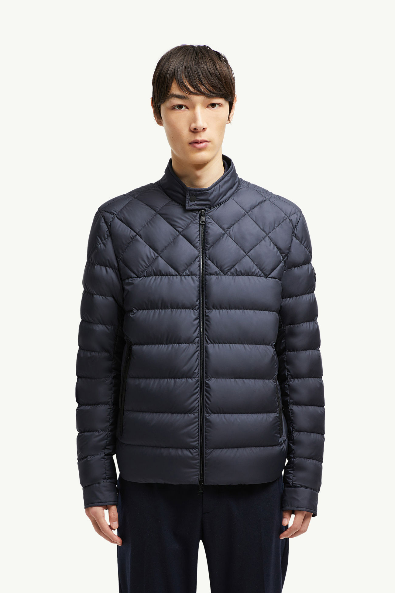Tuile 가죽 트리밍 다운 바이커 재킷 남성 다크 블루 Moncler 3
