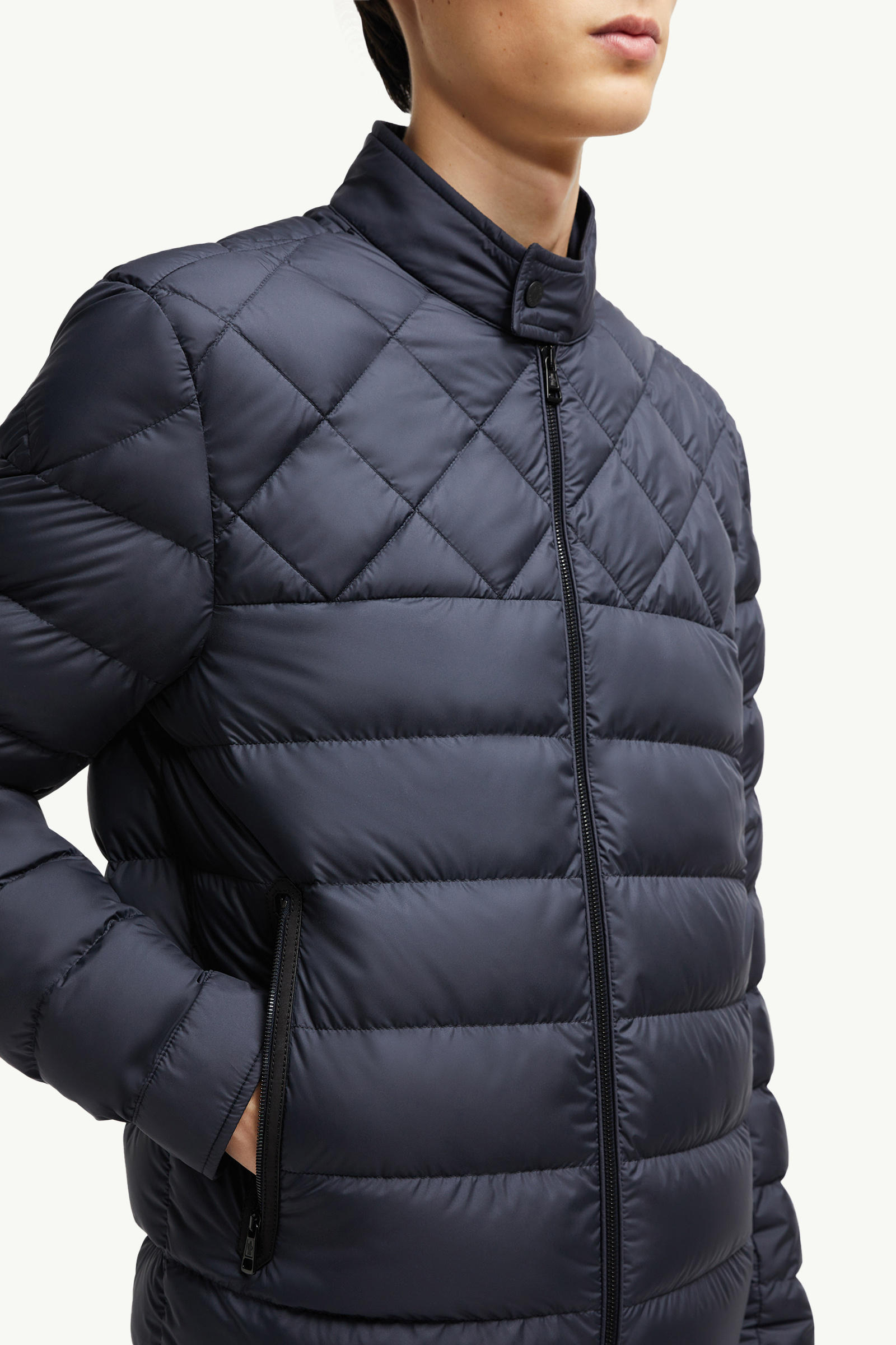 Tuile Leather-Trimmed Down Biker Jacket Men Dark Blue Moncler 5