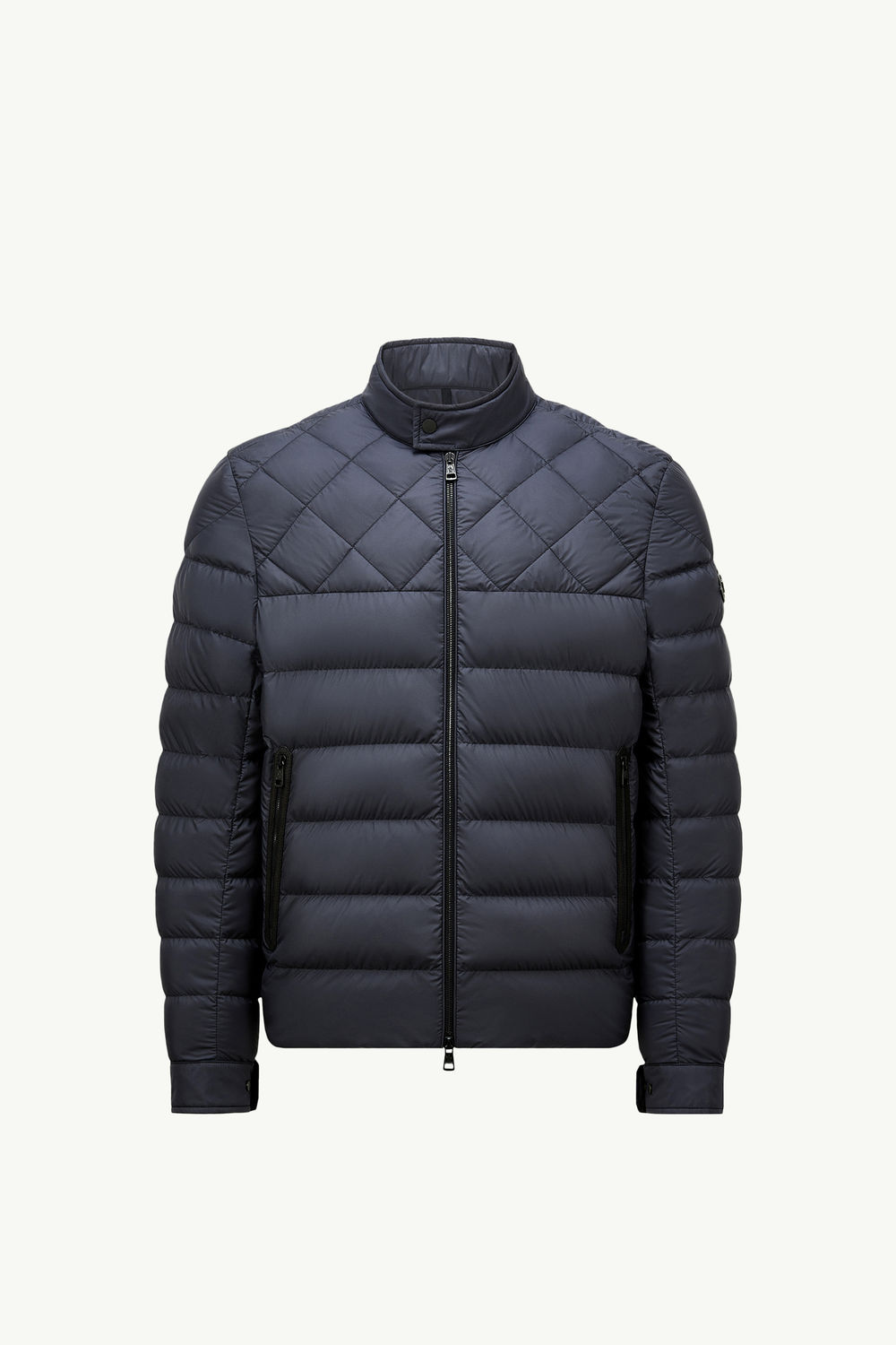 Tuile Leather-Trimmed Down Biker Jacket Men Dark Blue Moncler 2