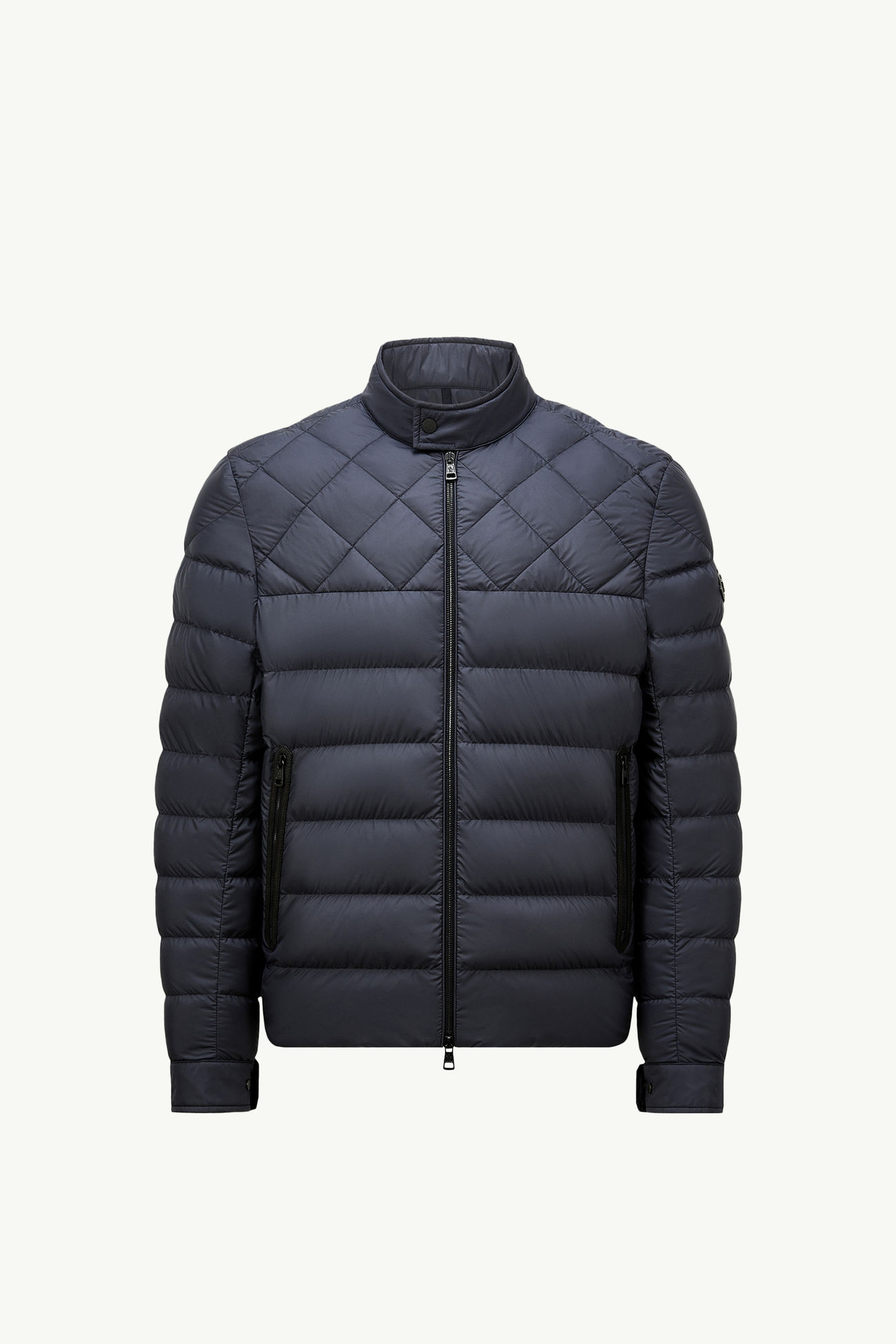 Tuile Leather-Trimmed Down Biker Jacket Men Dark Blue Moncler 2