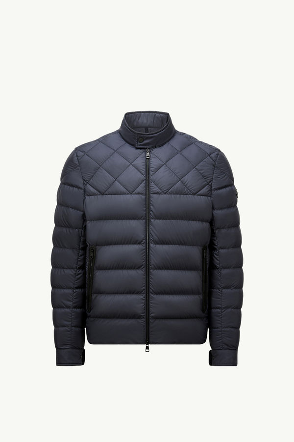 Tuile Leather-Trimmed Down Biker Jacket Men Dark Blue Moncler 2