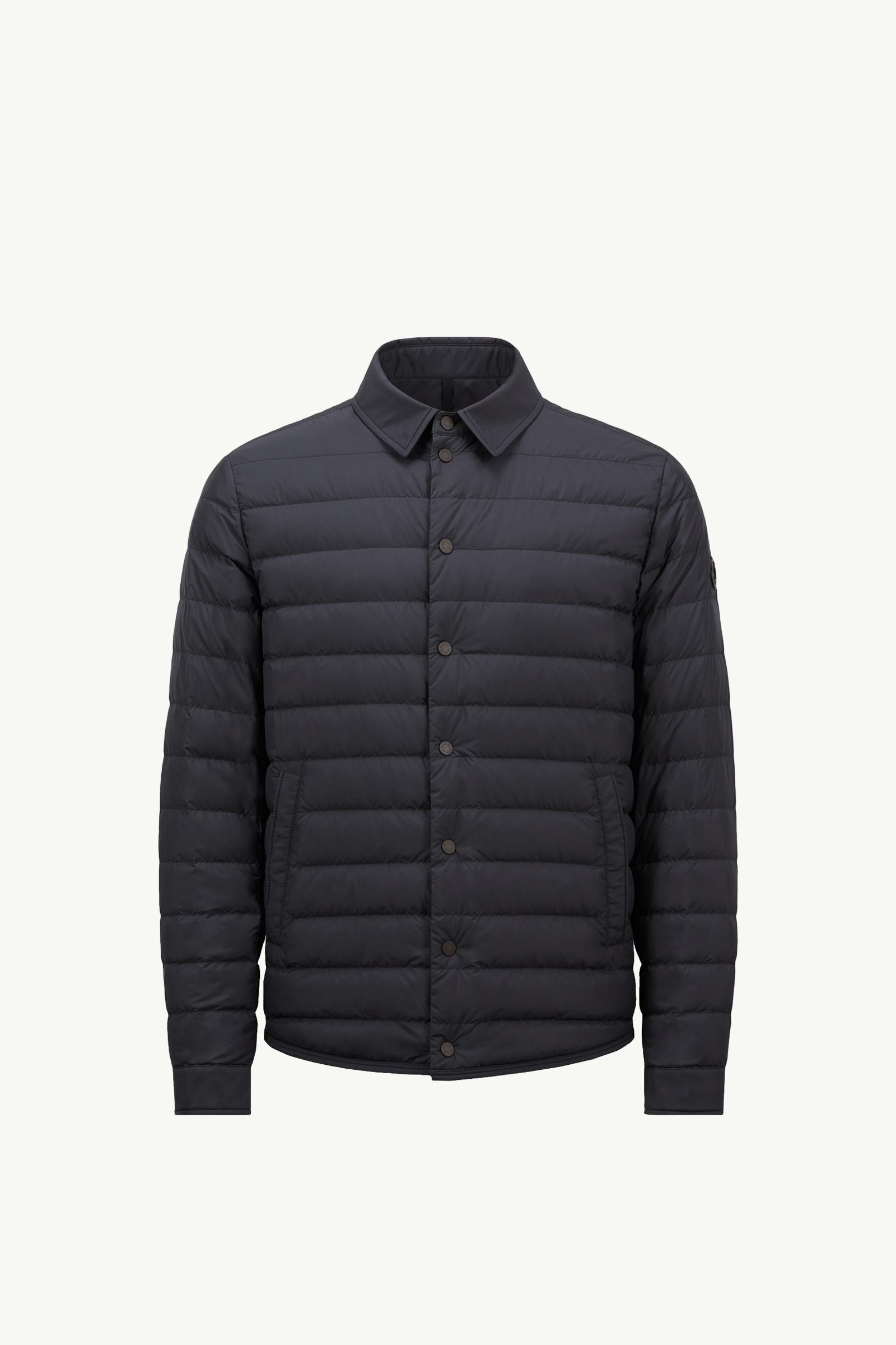 Dark Blue Tuile Leather-Trimmed Down Biker Jacket - Short