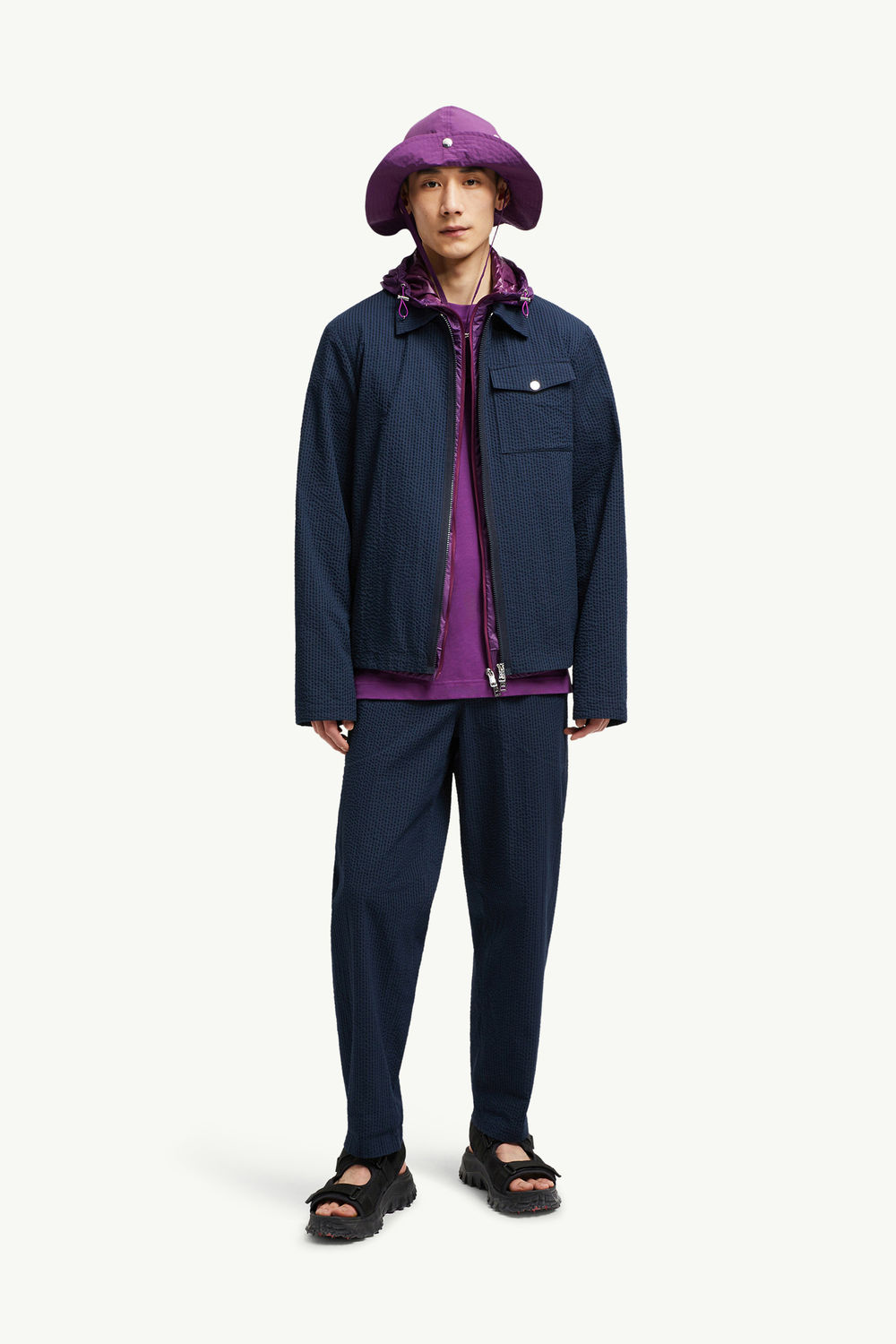 Belted Seersucker Trousers Men Dark Blue Moncler 0