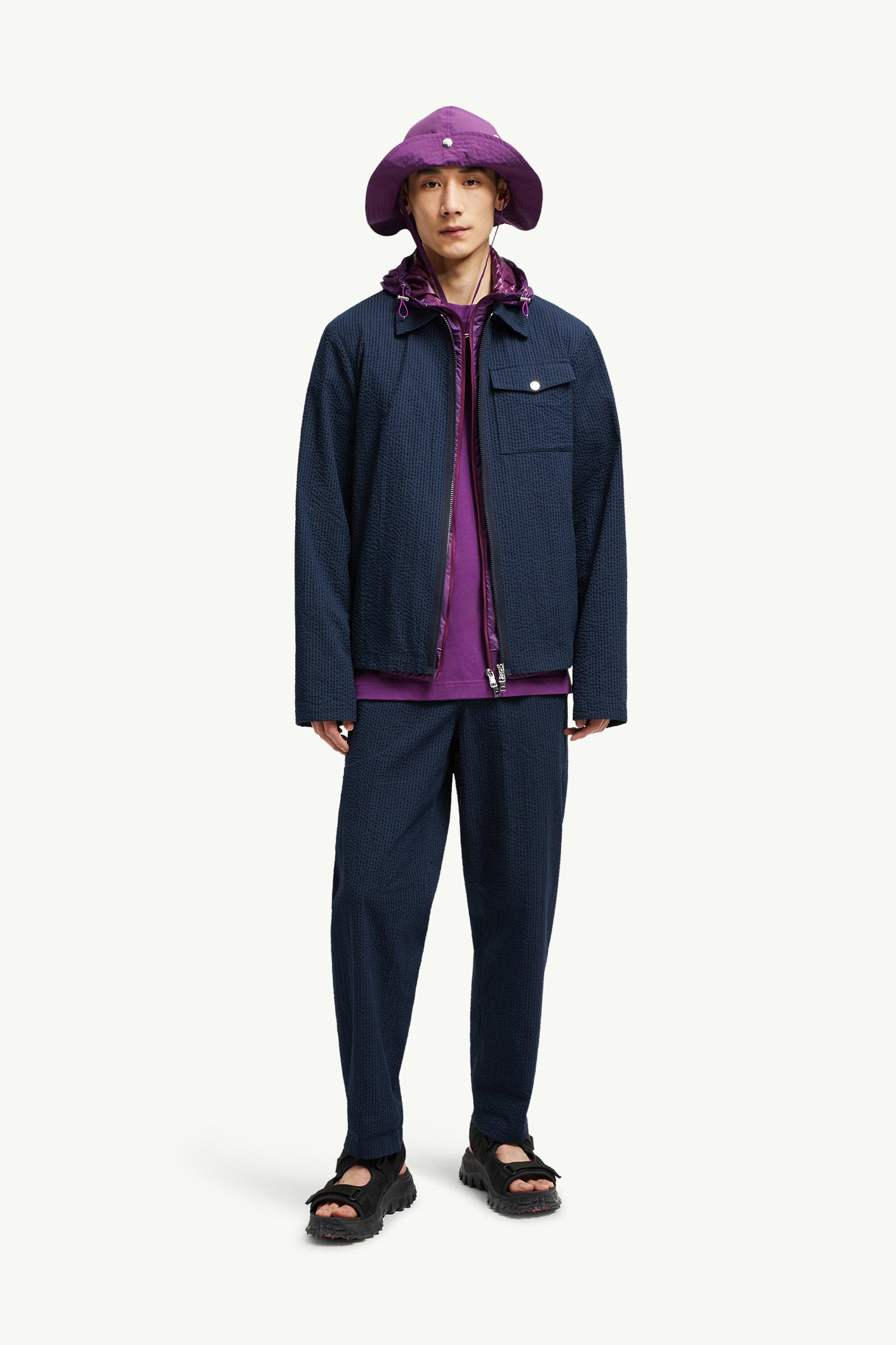 Belted Seersucker Trousers Men Dark Blue Moncler 0