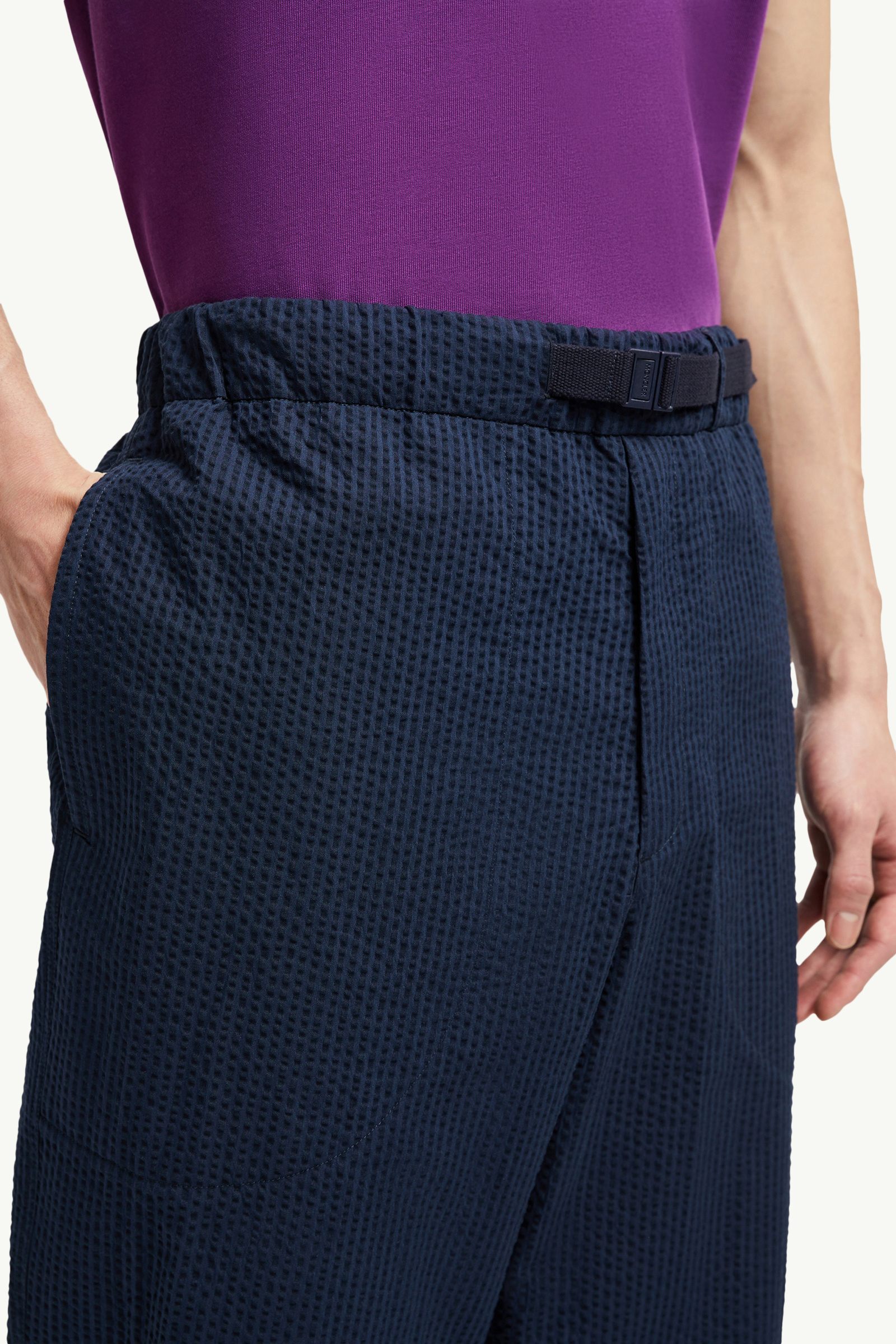 Belted Seersucker Trousers Men Dark Blue Moncler 1