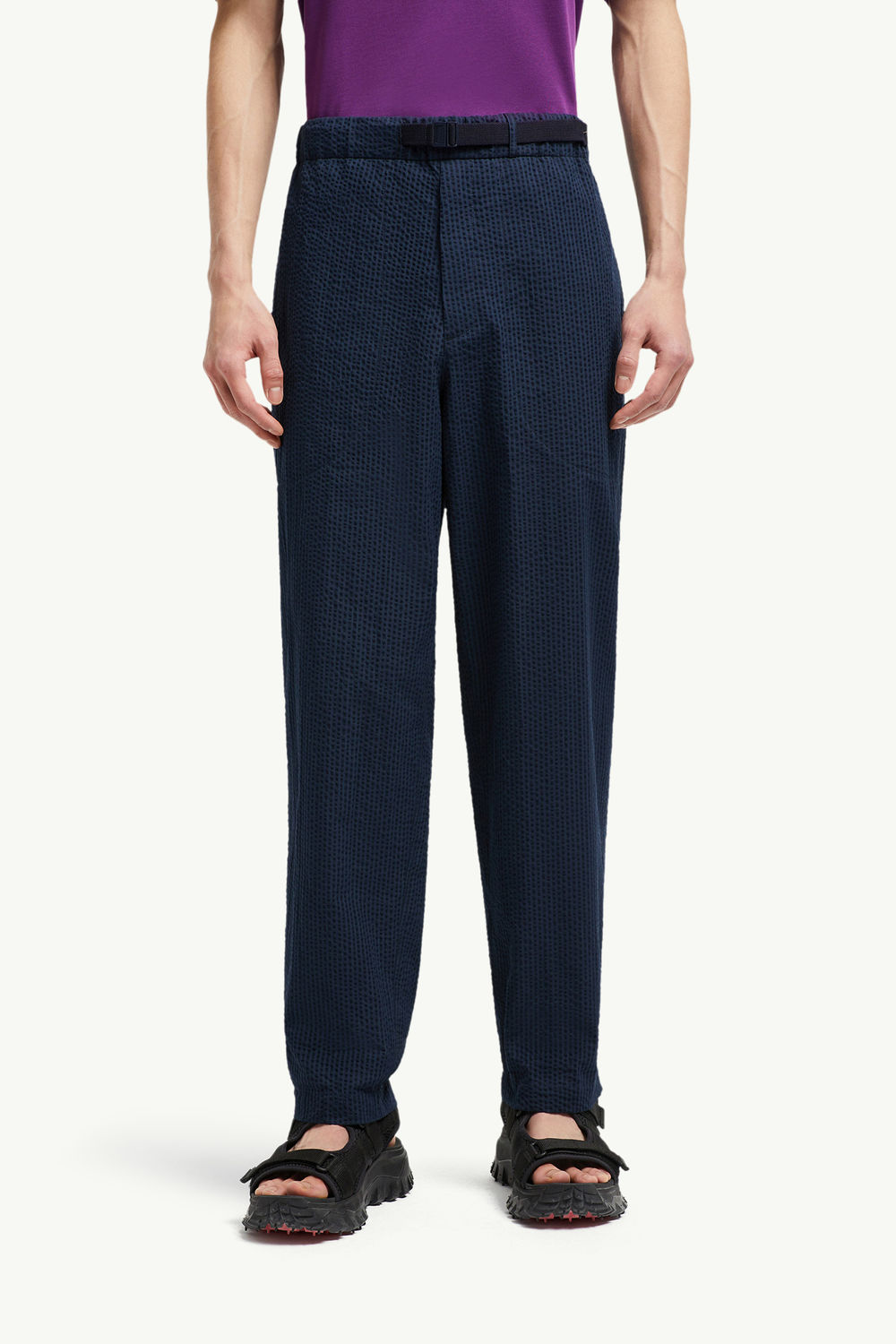 Belted Seersucker Trousers Men Dark Blue Moncler 3