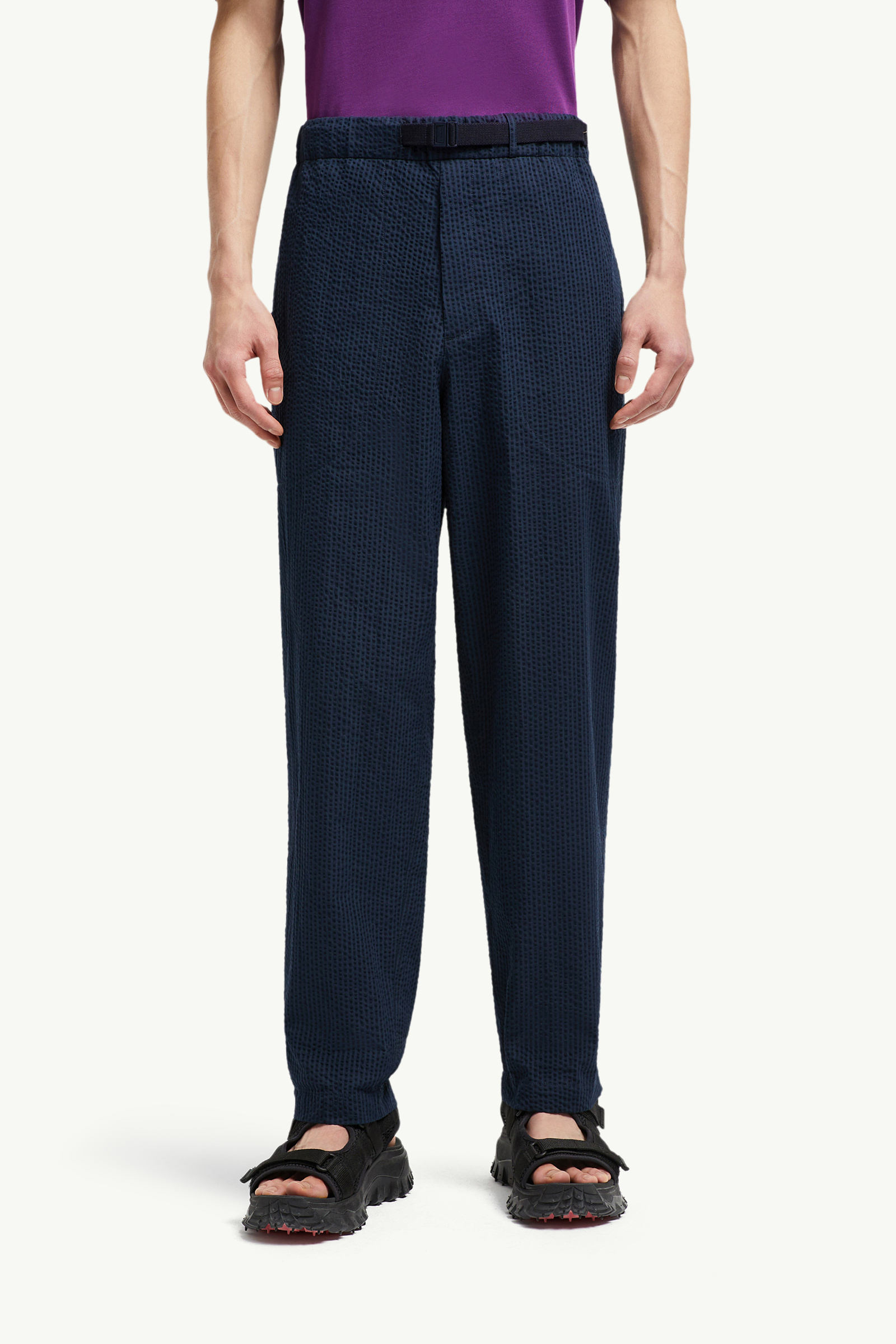 Belted Seersucker Trousers Men Dark Blue Moncler 3