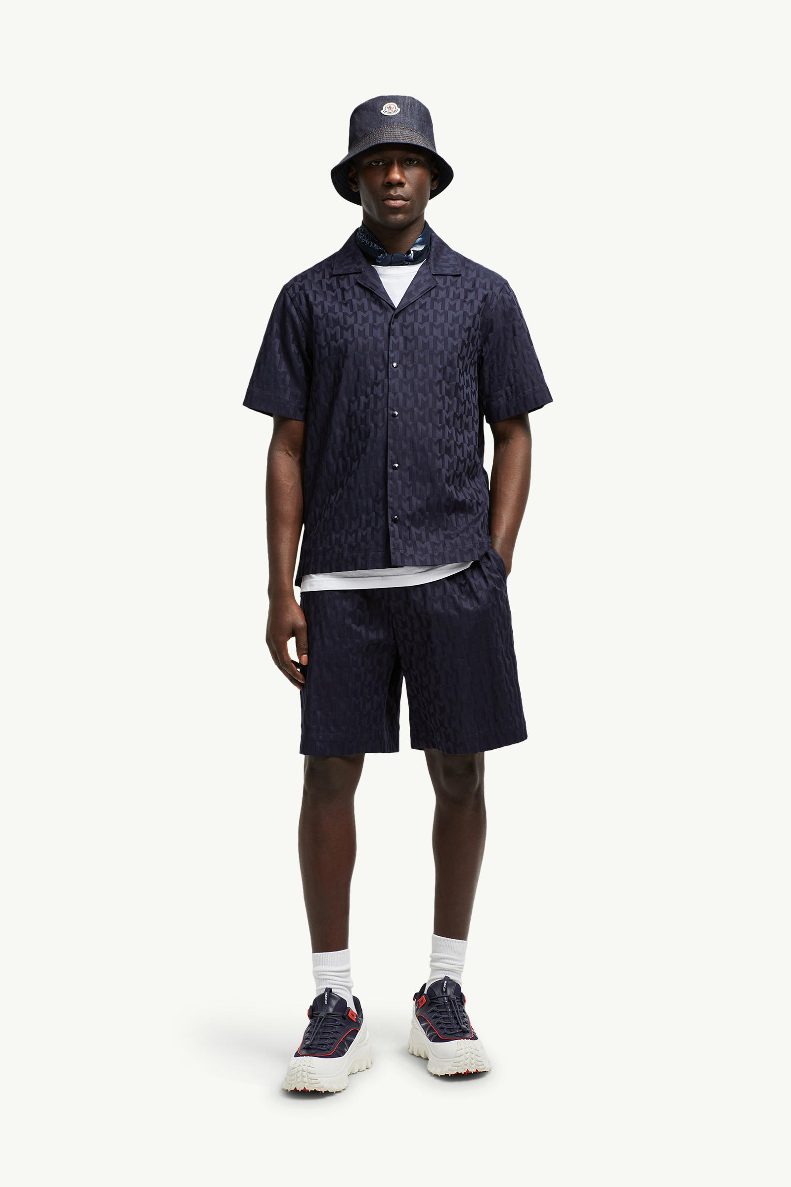 Monogram Jacquard Cotton Shorts Men Dark Blue Moncler 0