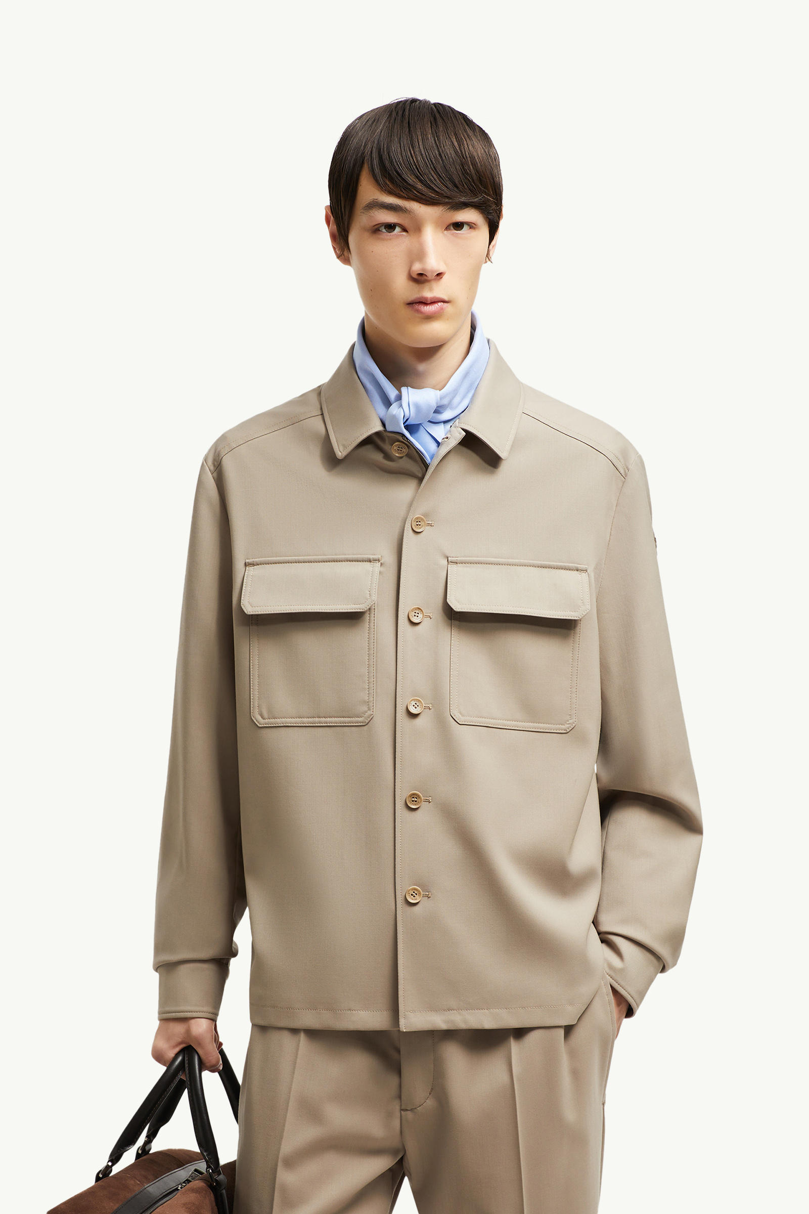 Wool Gabardine Long Sleeve Shirt Men Beige Moncler 0