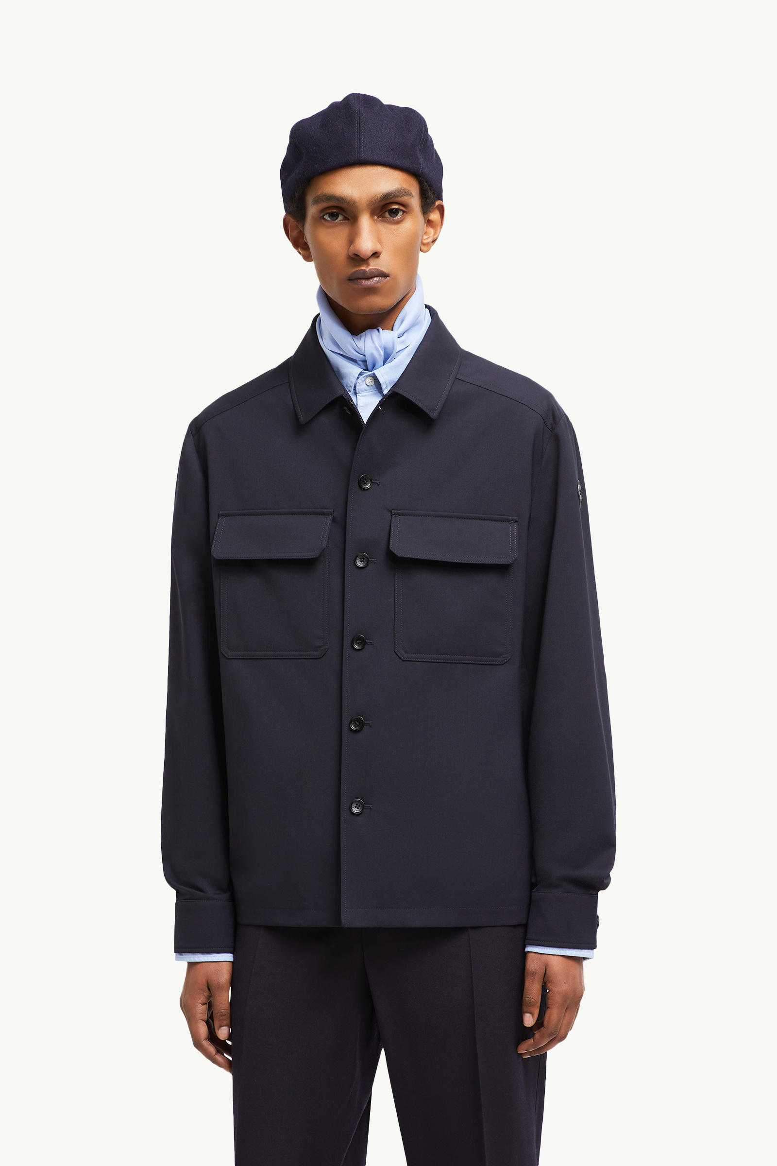 Wool Gabardine Long Sleeve Shirt Men Navy Blue Moncler 0