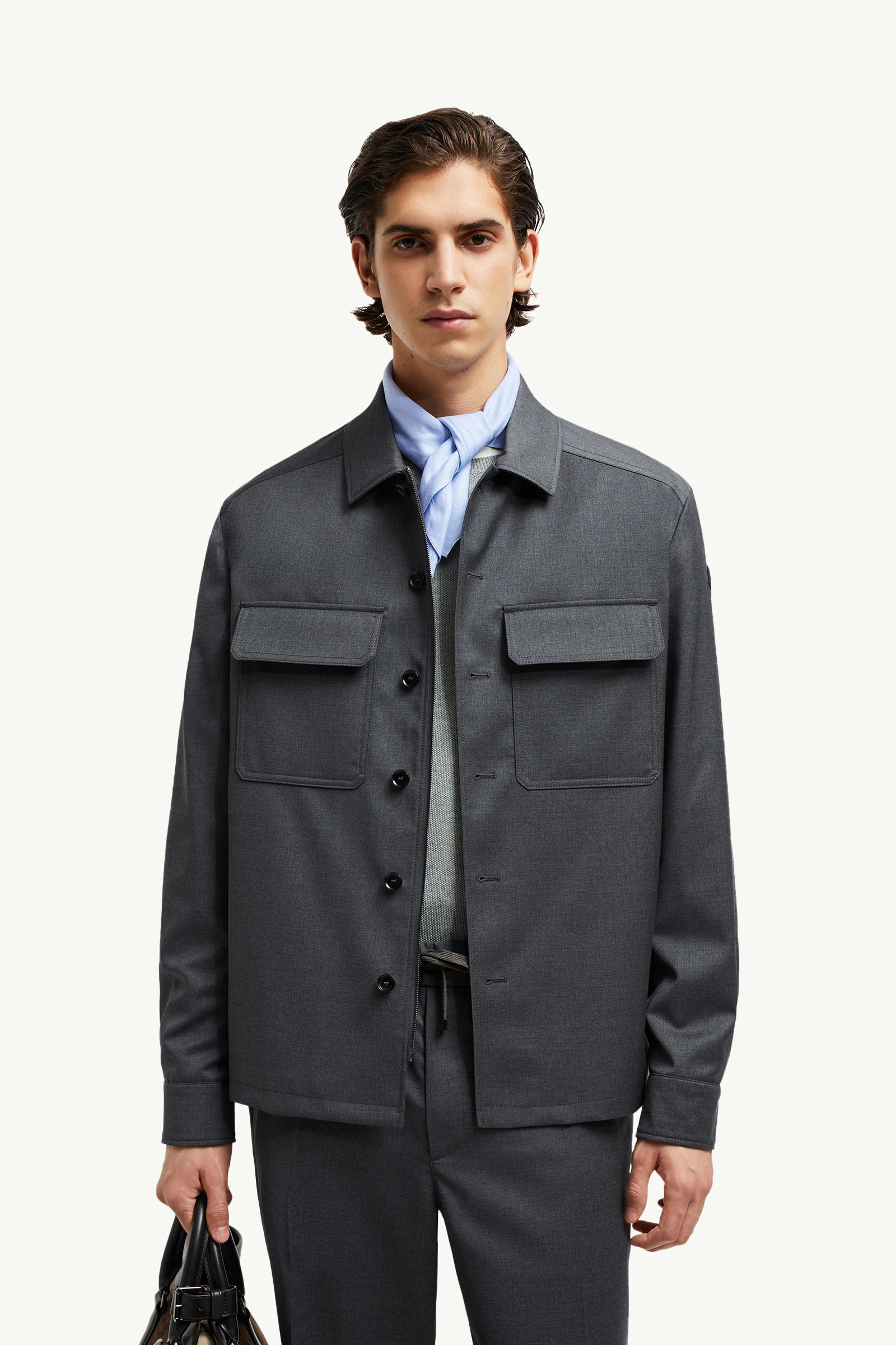 Wool Gabardine Long Sleeve Shirt Men Dark Gray Moncler 0
