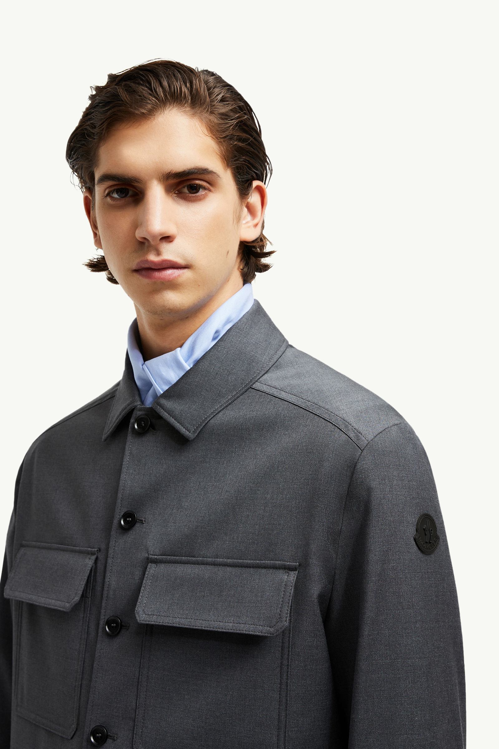 Wool Gabardine Long Sleeve Shirt Men Dark Gray Moncler 1