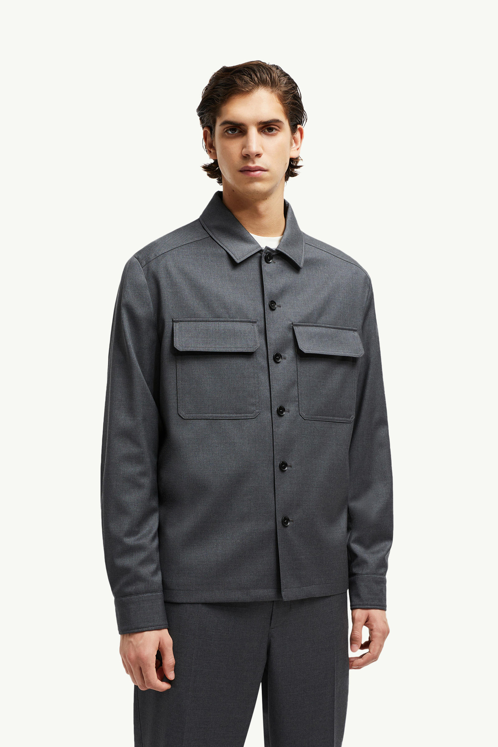 Wool Gabardine Long Sleeve Shirt Men Dark Gray Moncler 3