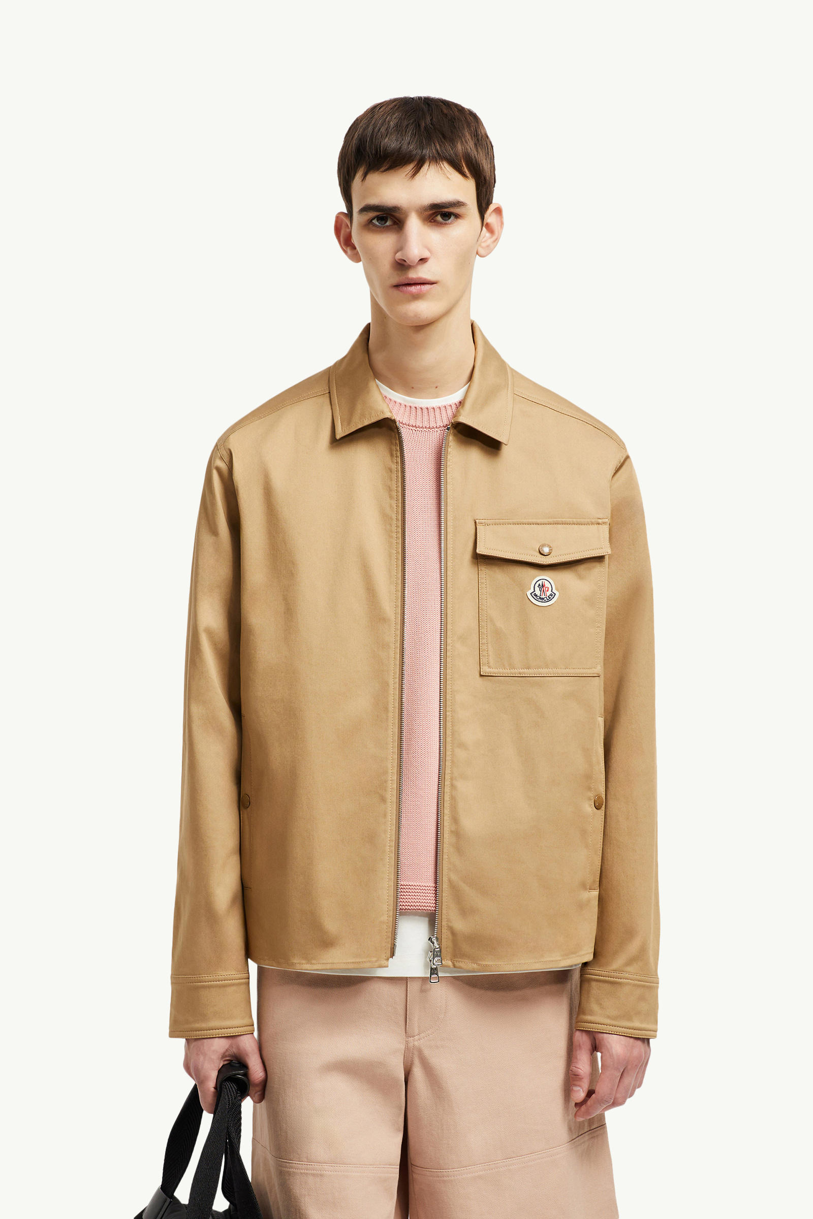 Cotton Gabardine Zip-Up Shirt Jacket Men Beige Moncler 0