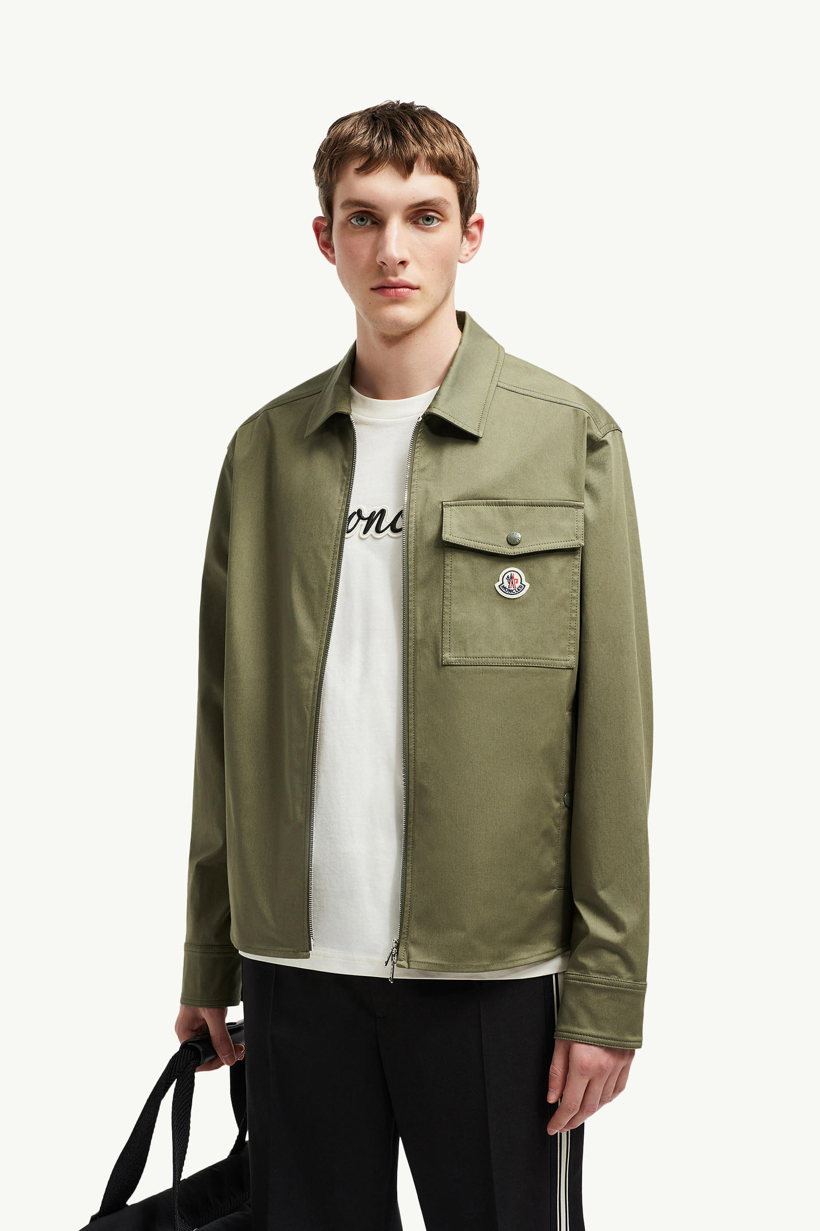 Cotton Gabardine Zip-Up Shirt Jacket Men Olive Green Moncler 0