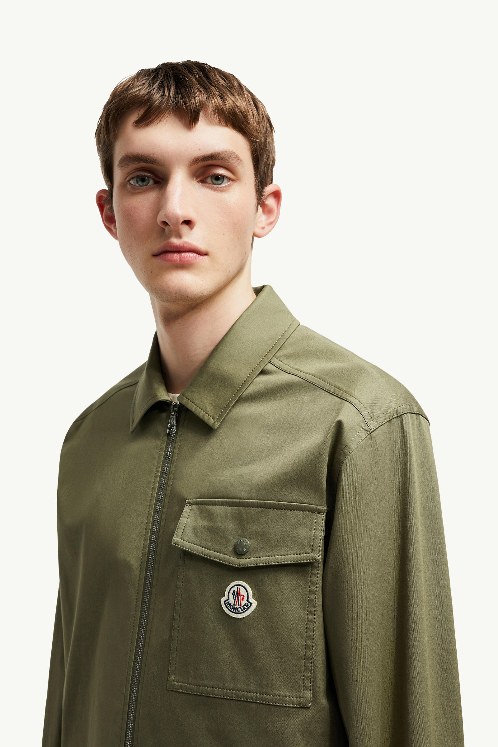 Cotton Gabardine Zip-Up Shirt Jacket Men Olive Green Moncler 1