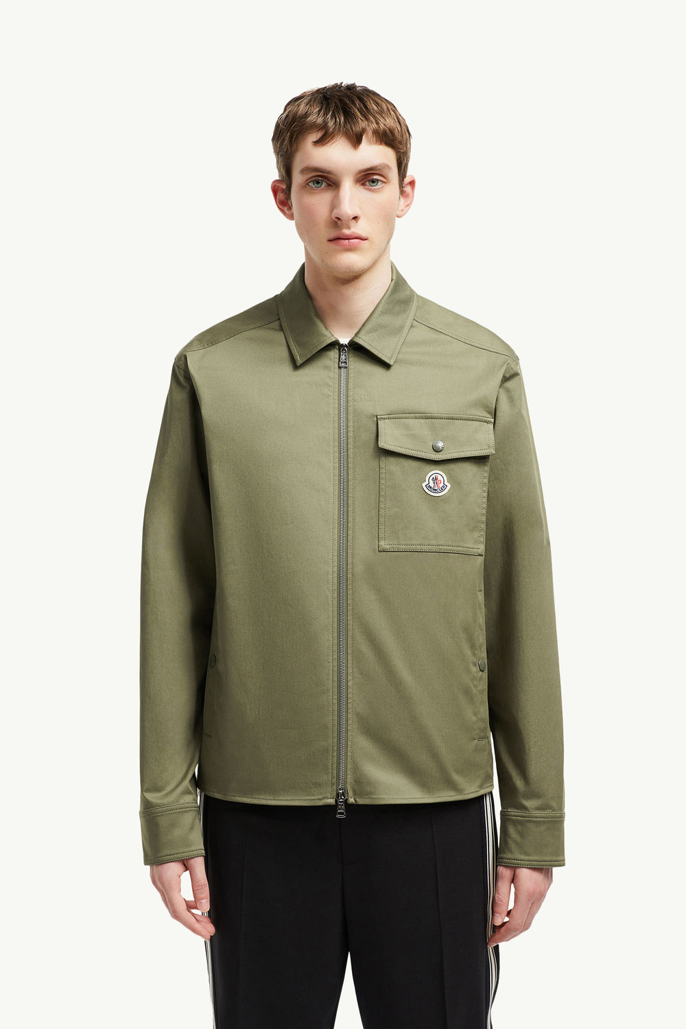 Cotton Gabardine Zip-Up Shirt Jacket Men Olive Green Moncler 3