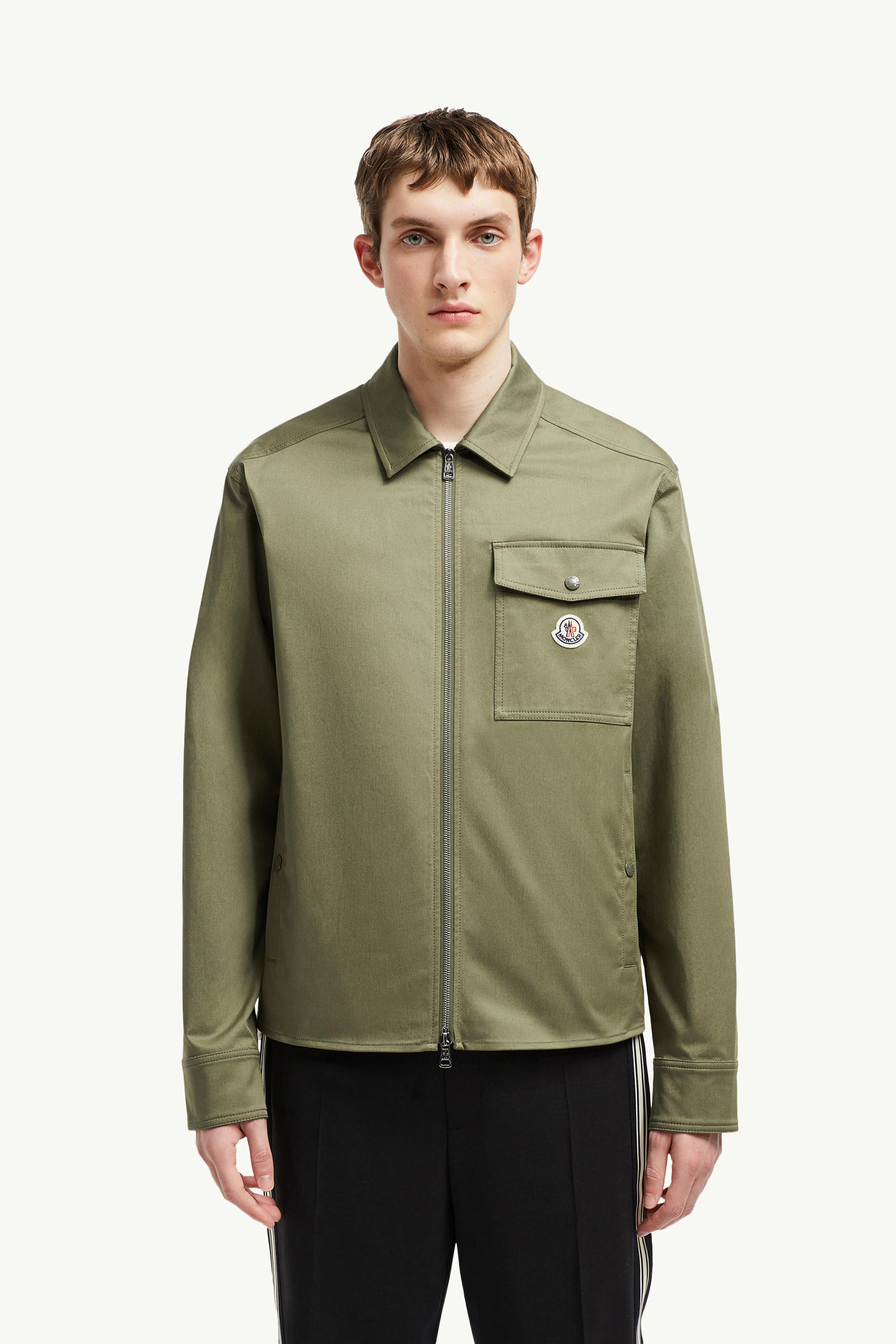 Cotton Gabardine Zip-Up Shirt Jacket Men Olive Green Moncler 3