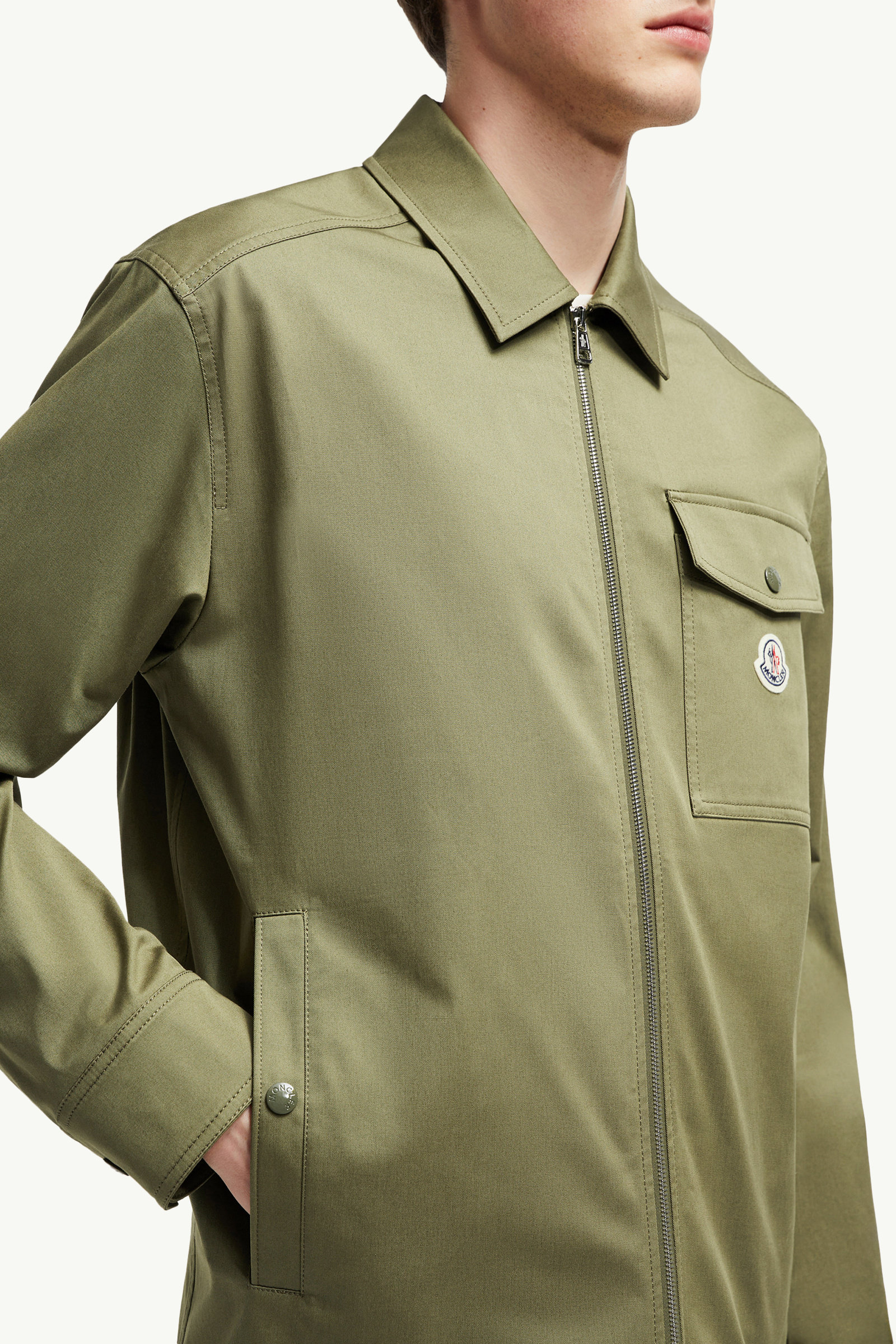 Cotton Gabardine Zip-Up Shirt Jacket Men Olive Green Moncler 6