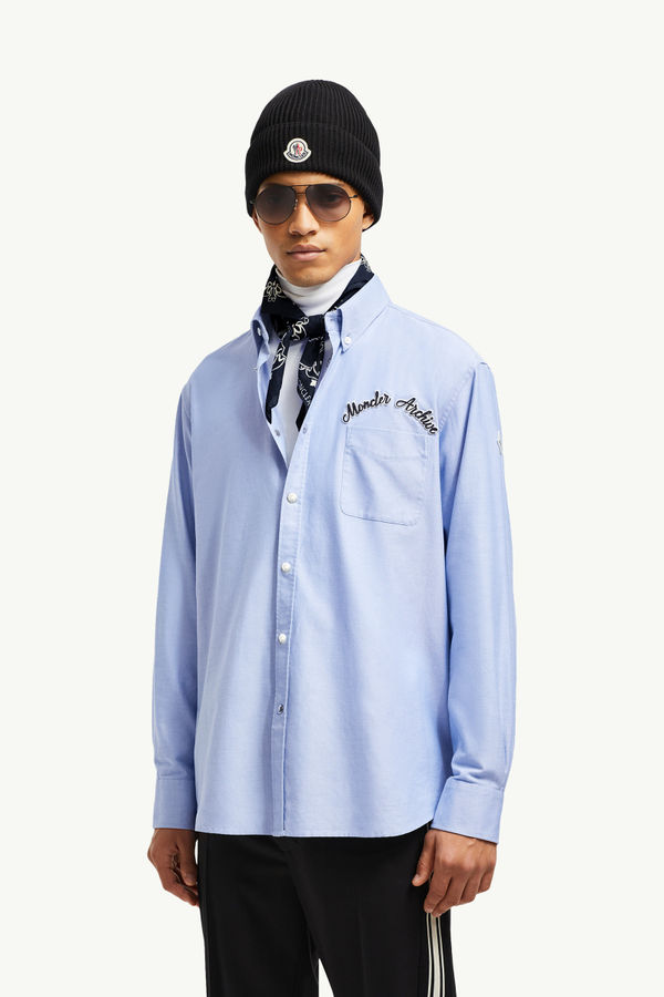 Camisa de algodón Oxford con logotipo bordado Hombre Azul claro Moncler 0