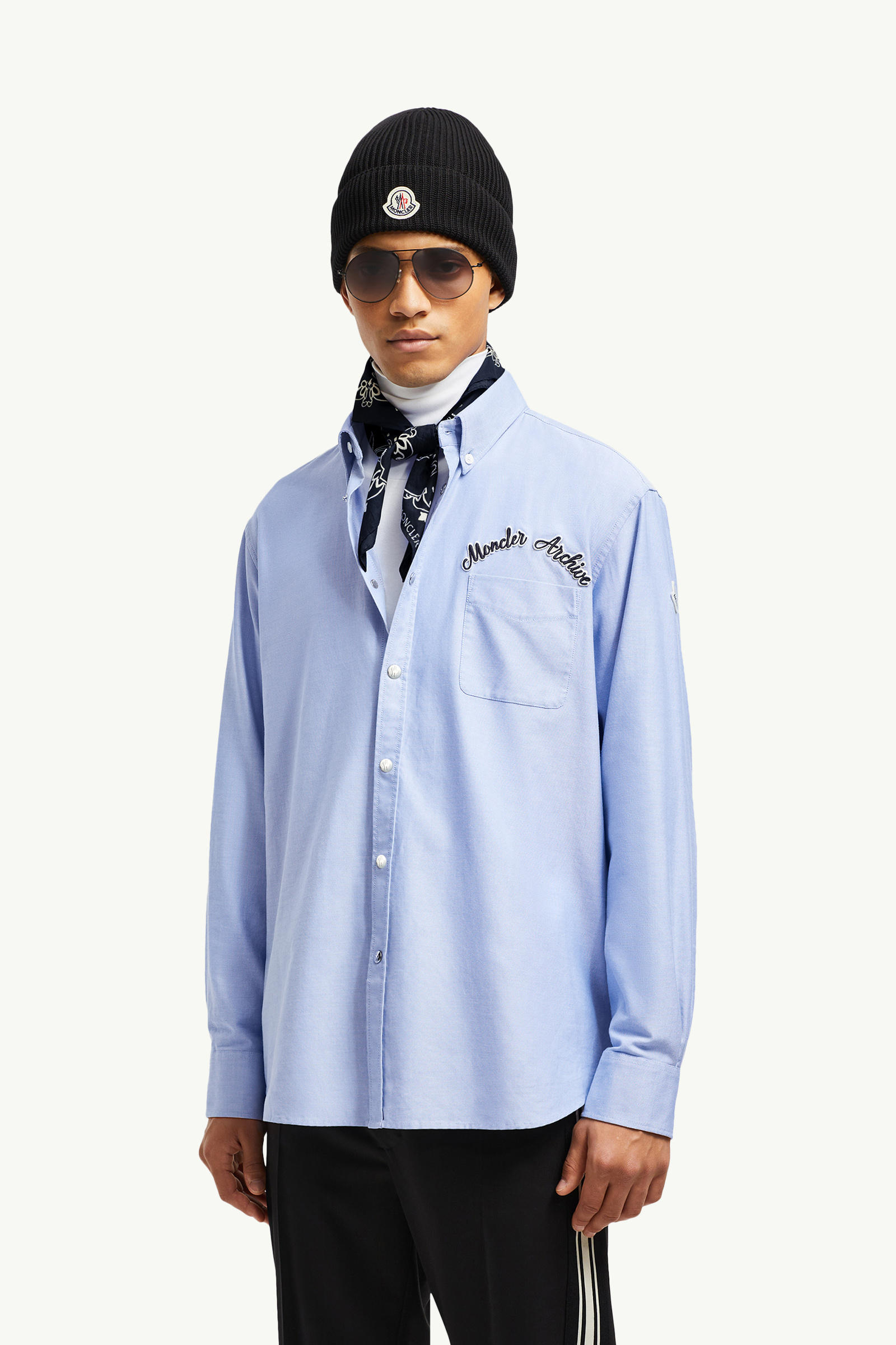 Chemise en coton Oxford à logo brodé Hommes Bleu clair Moncler 0