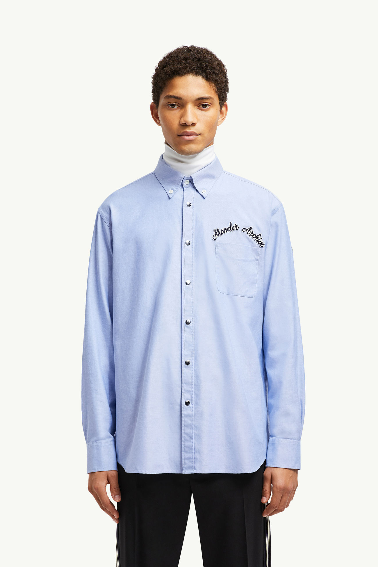 Embroidered Logo Oxford Cotton Shirt Men Light Blue Moncler 3