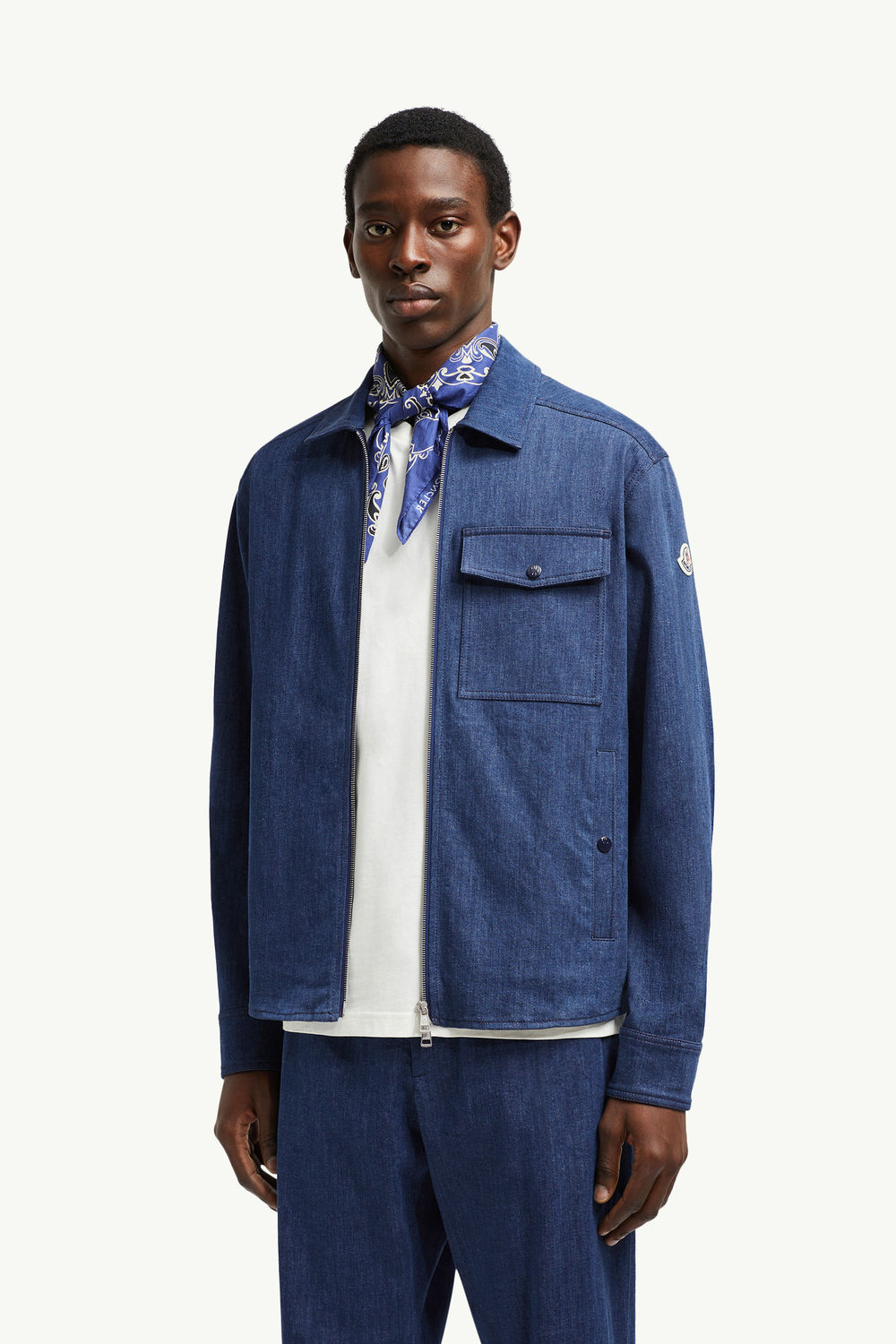 Denim Long Sleeve Zip-Up Shirt Men Denim Blue Moncler 0