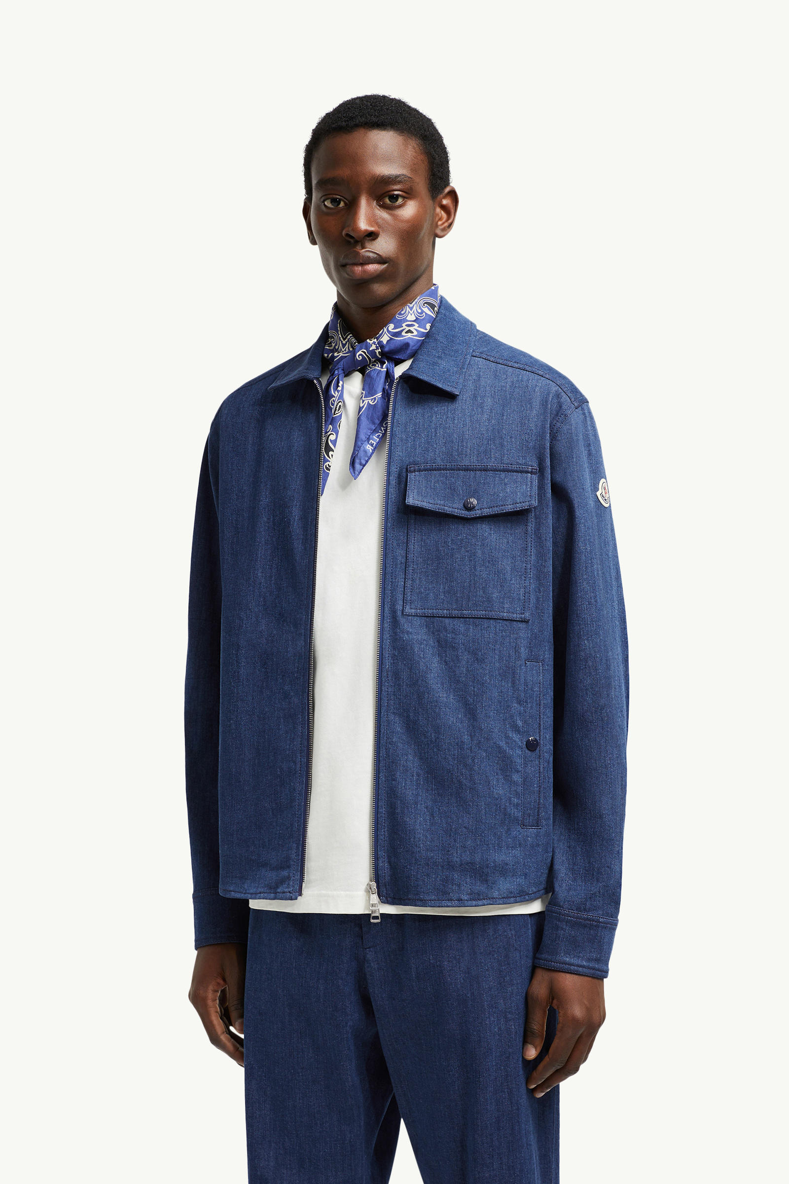 Denim Long Sleeve Zip-Up Shirt Men Denim Blue Moncler 0