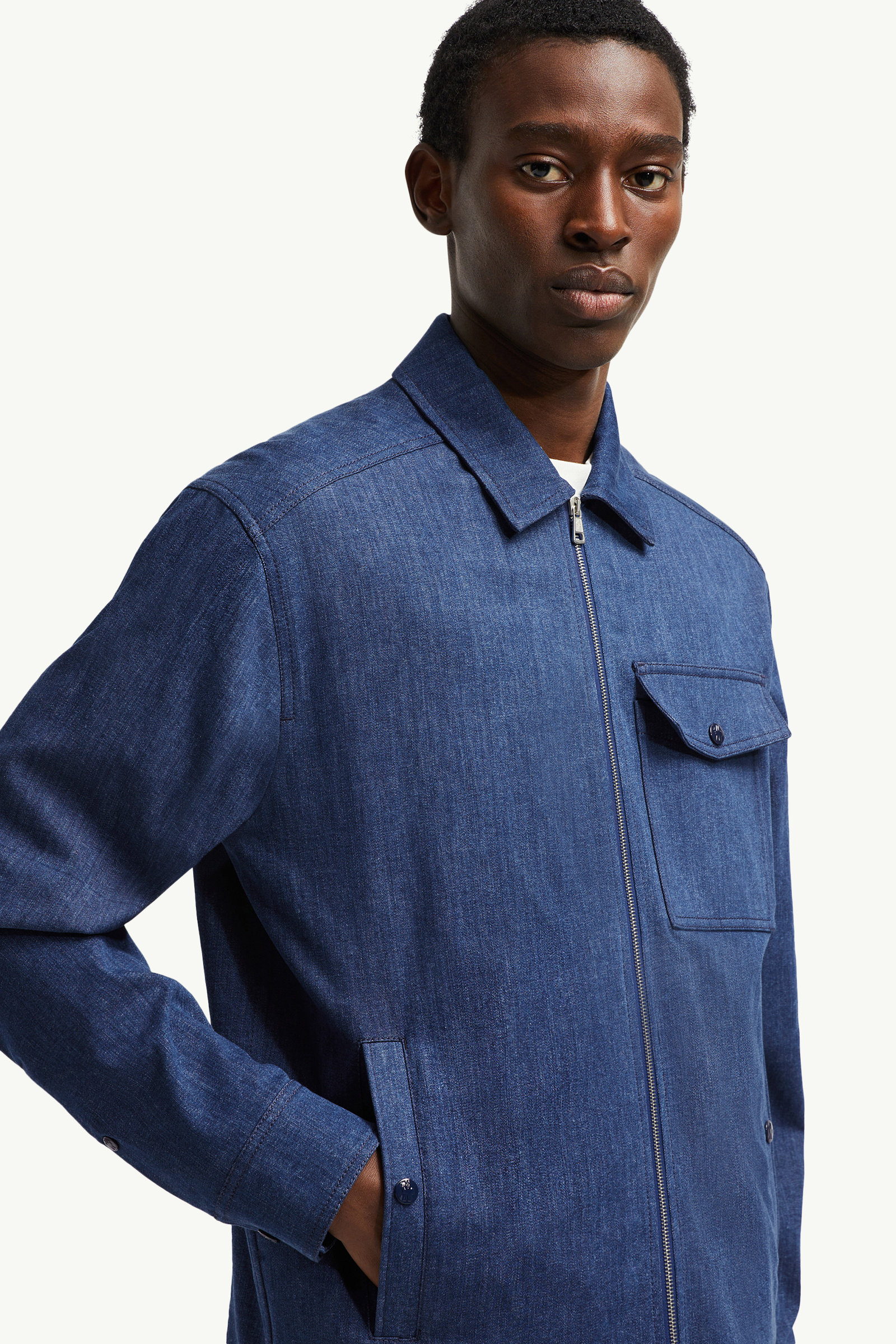 Denim Long Sleeve Zip-Up Shirt Men Denim Blue Moncler 5