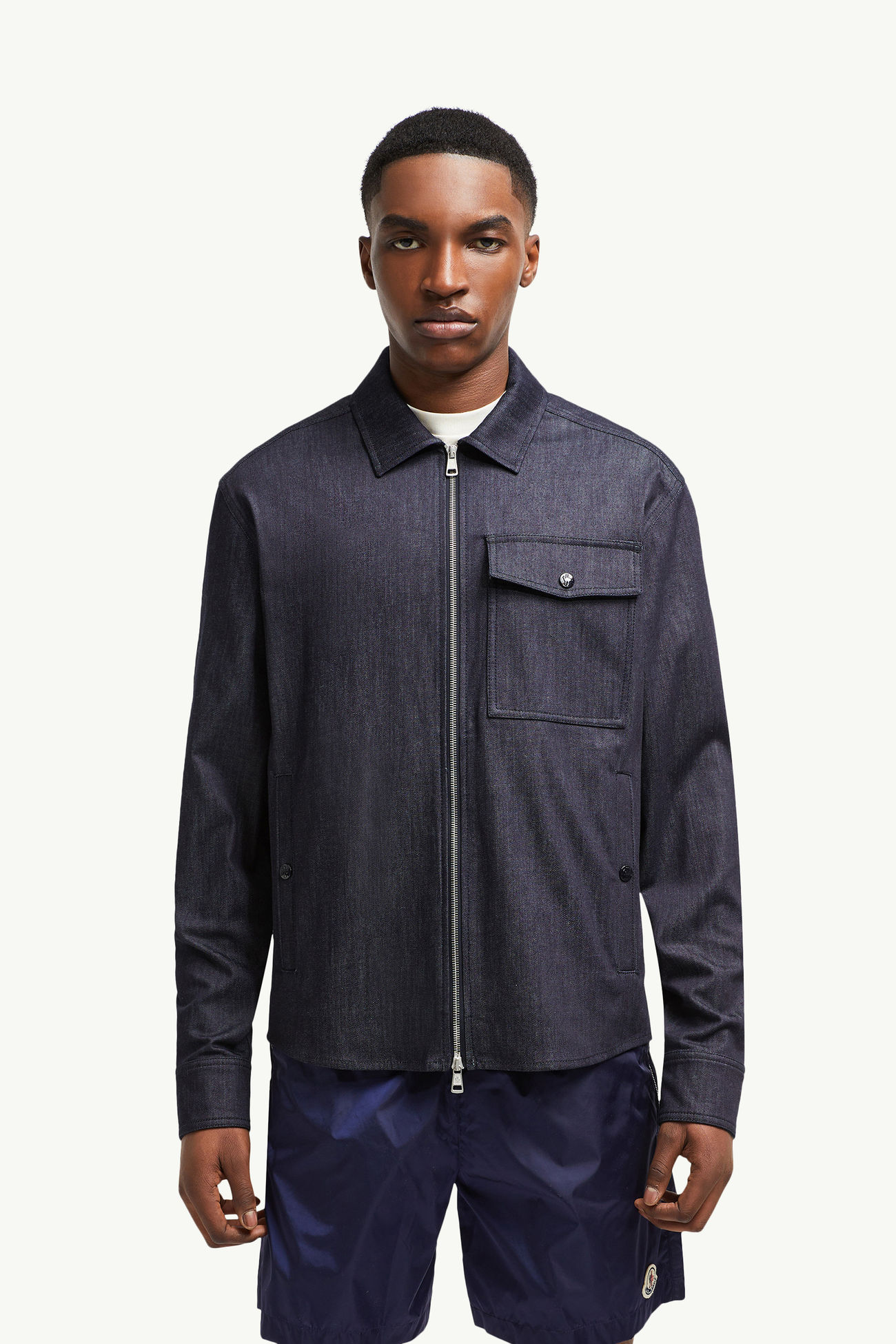 Camisa de manga larga de tejido vaquero con cremallera Hombre Azul Denim Moncler 3