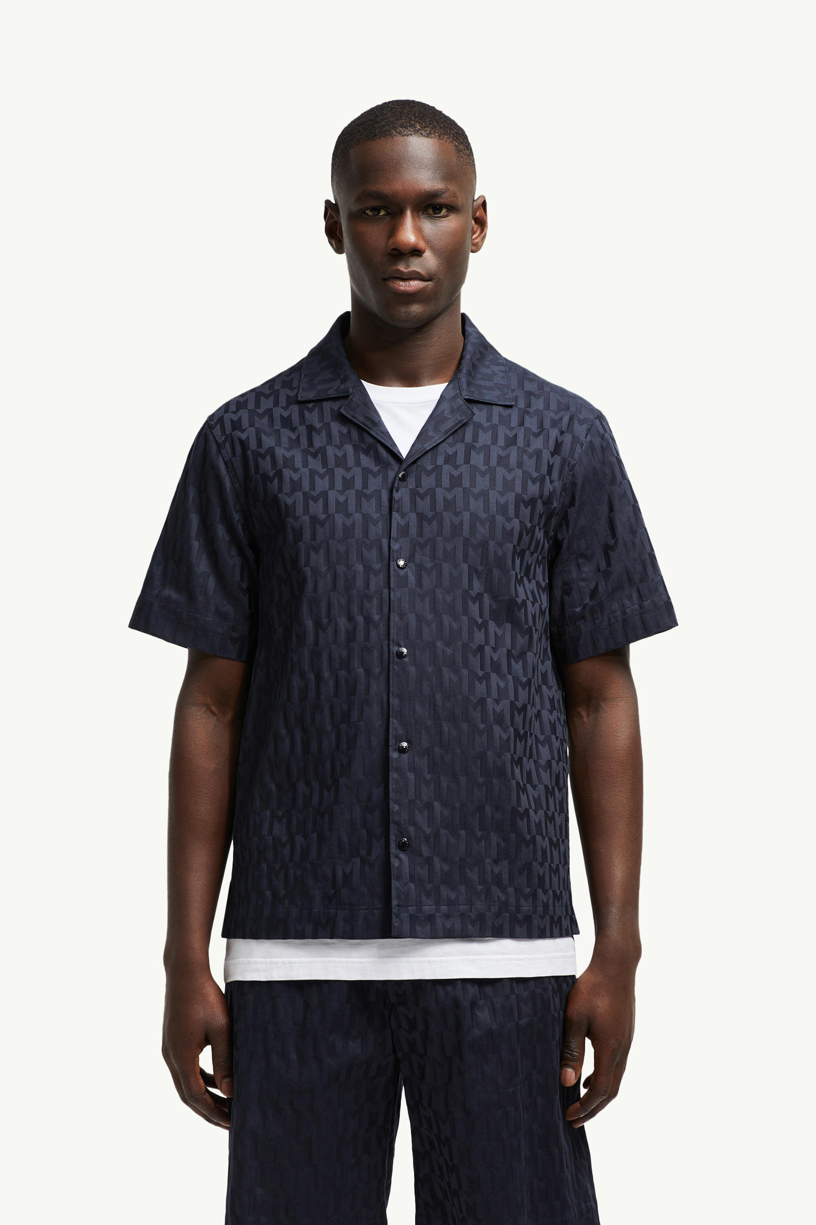 Monogram Jacquard Cotton Shirt Men Dark Blue Moncler 3