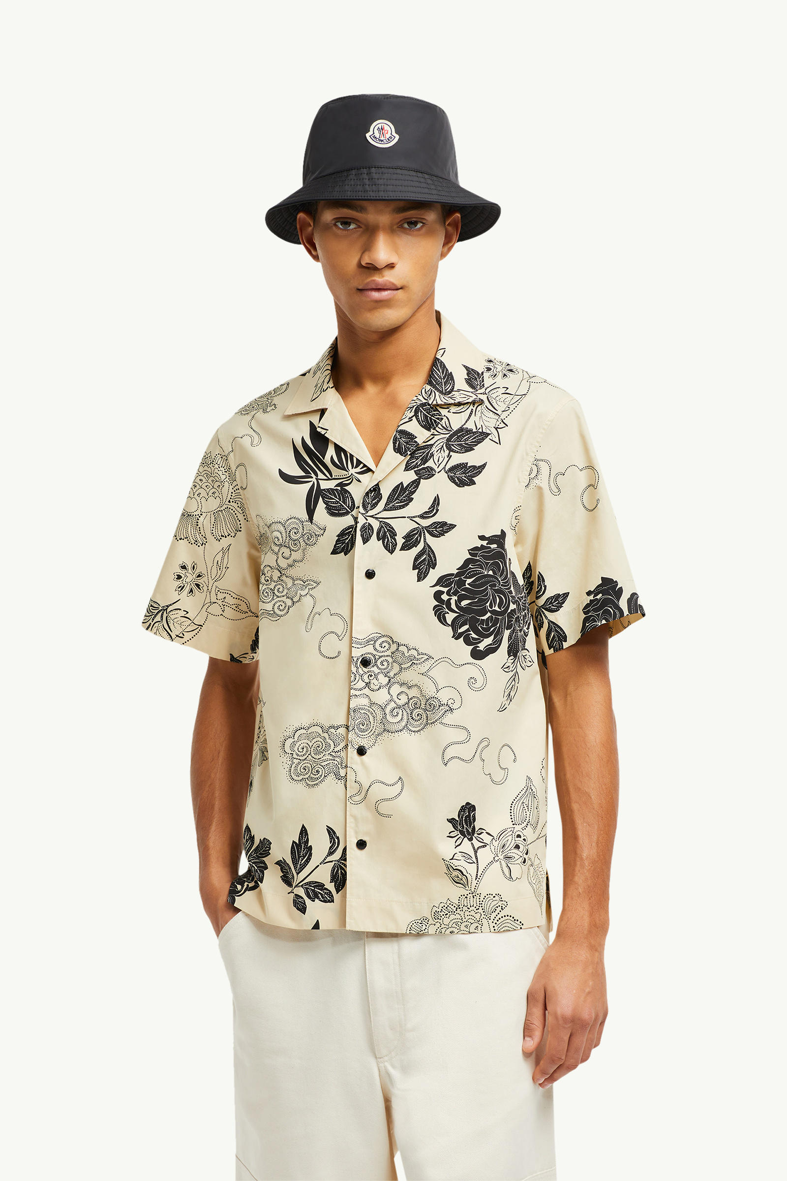 Floral Print Cotton Shirt Men Light Beige Moncler 0