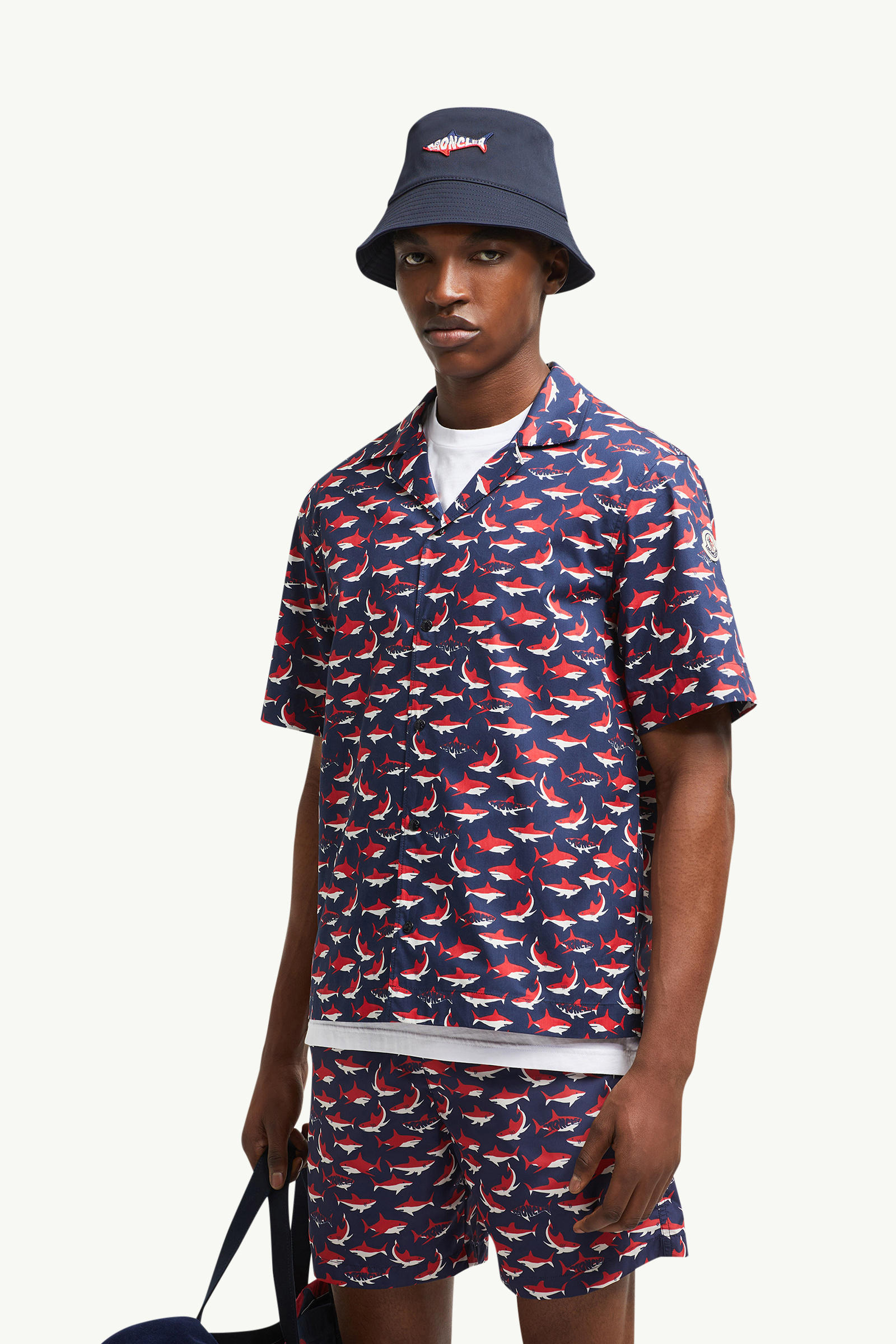 Shark Print Cotton Short Sleeve Shirt Men White & Blue & Red Moncler 0