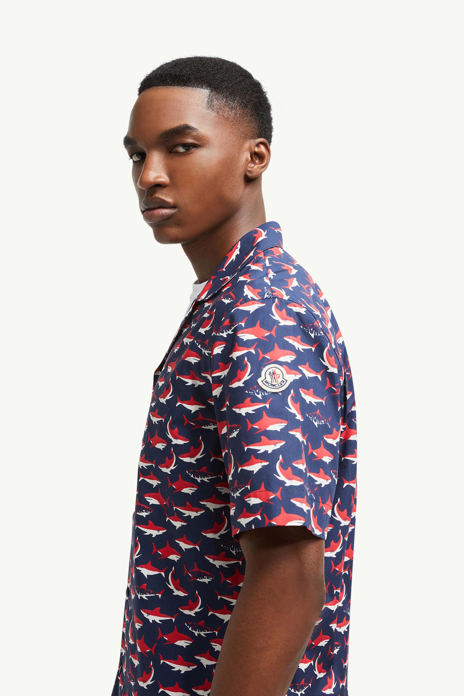 Shark Print Cotton Short Sleeve Shirt Men White & Blue & Red Moncler 1